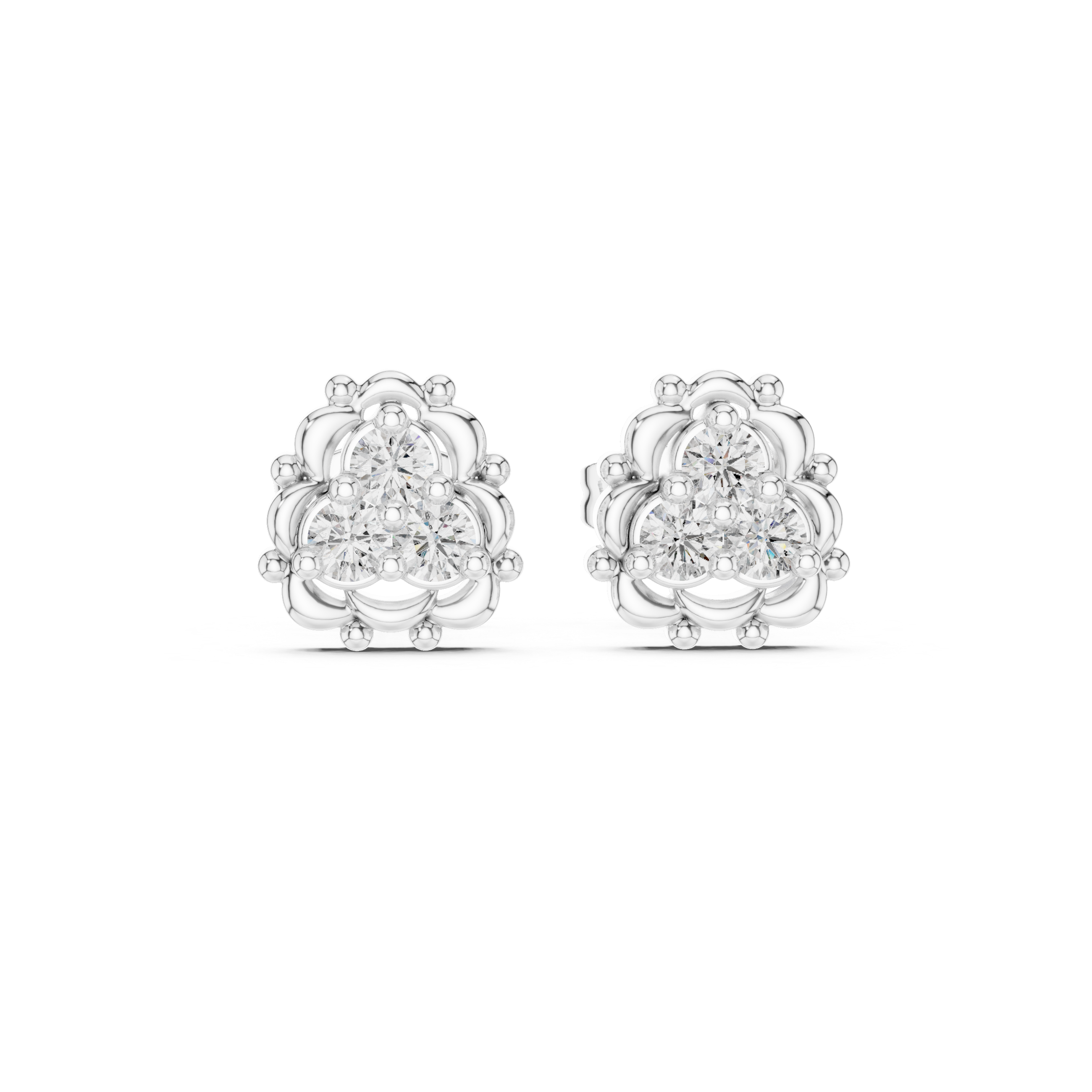 Round Brilliant Diamond Triple Cluster Scalloped Halo Collet Set Stud Earrings