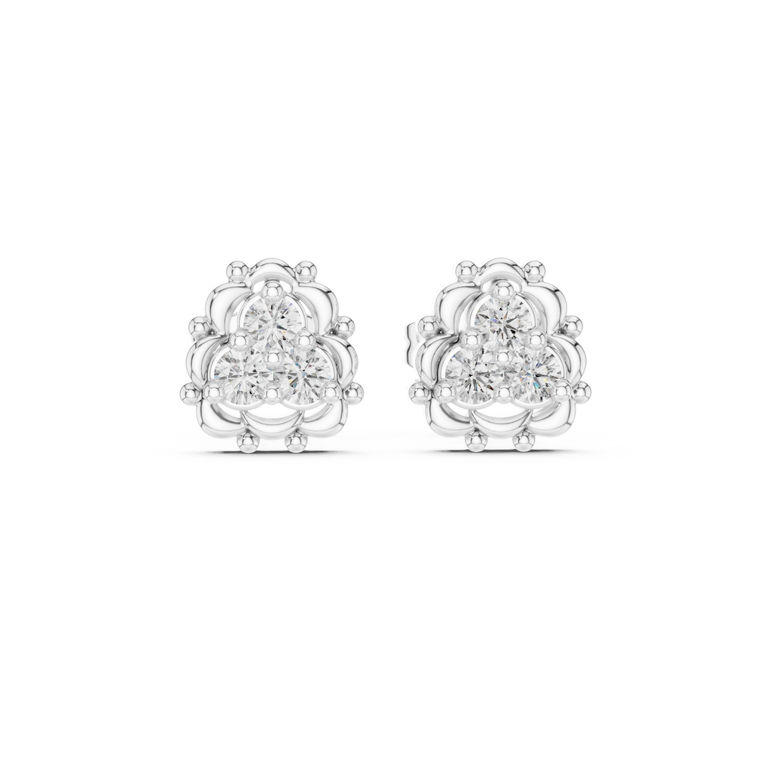 Round Brilliant Diamond Triple Cluster Scalloped Halo Collet Set Stud Earrings