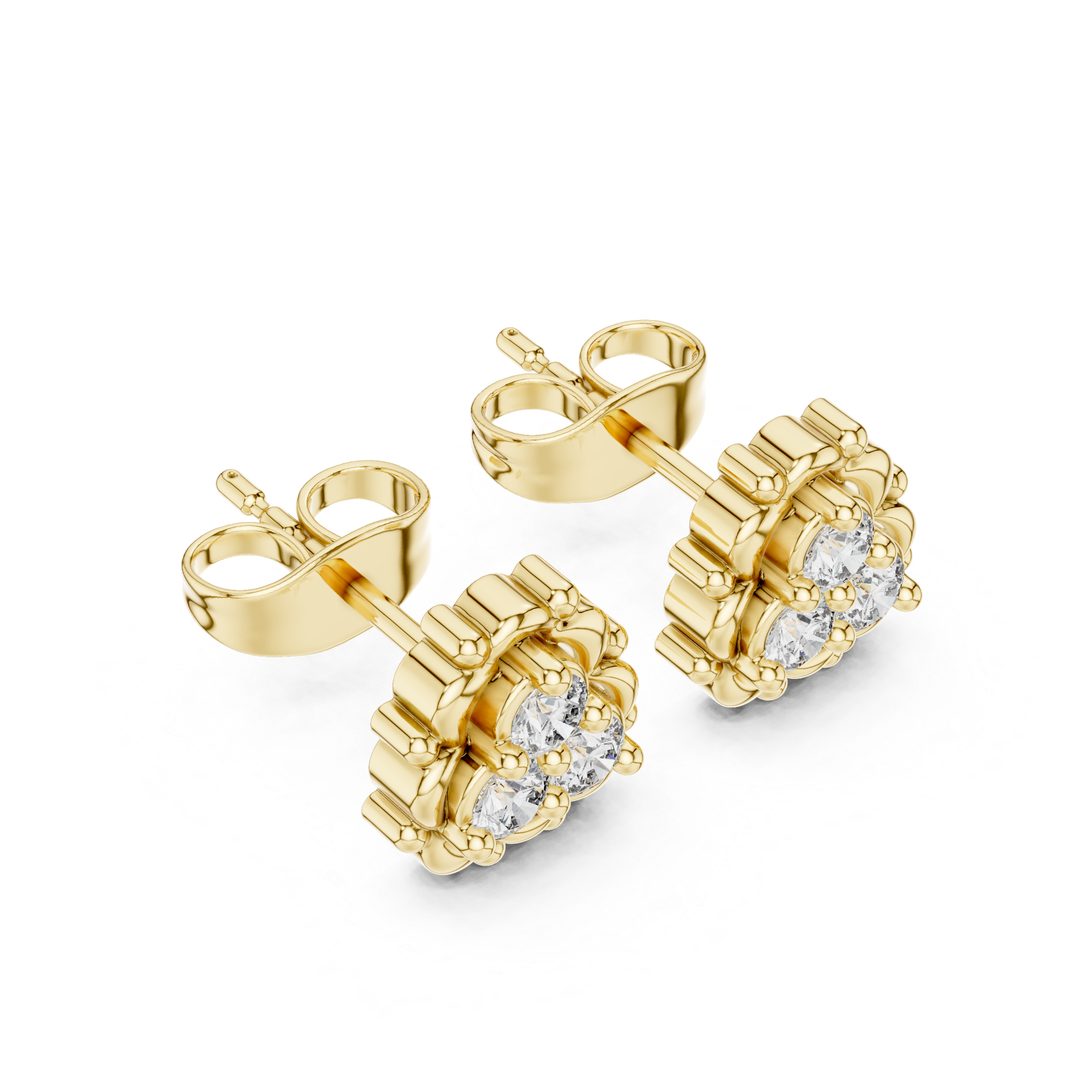 Round Brilliant Diamond Triple Cluster Scalloped Halo Collet Set Stud Earrings