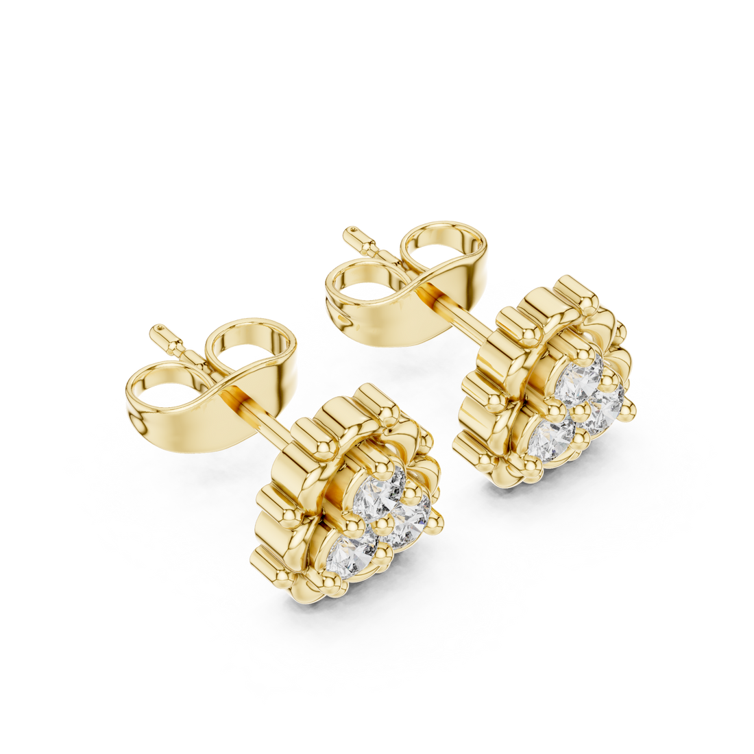 Round Brilliant Diamond Triple Cluster Scalloped Halo Collet Set Stud Earrings