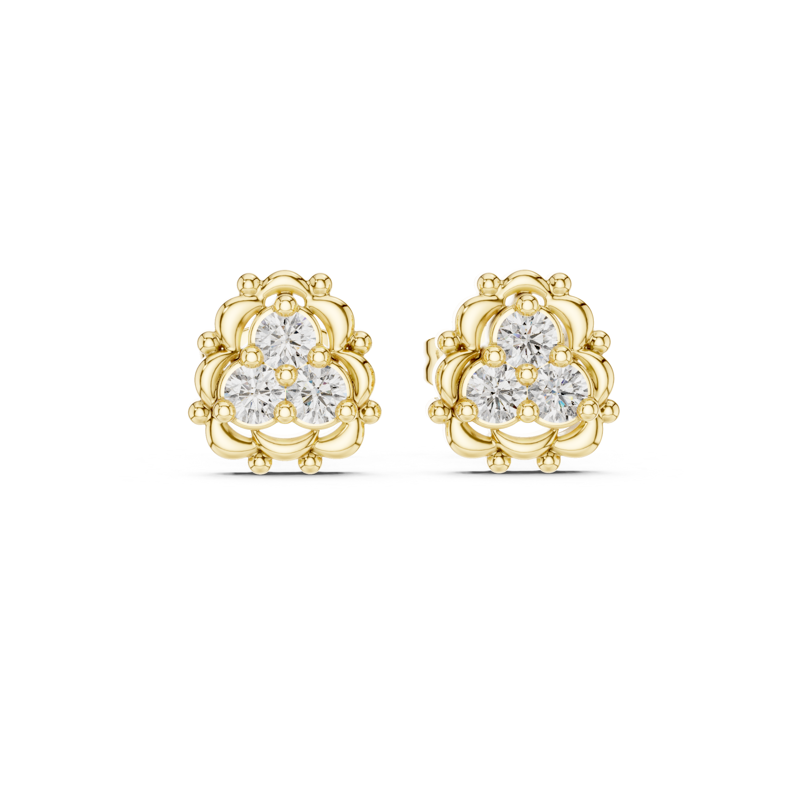 Round Brilliant Diamond Triple Cluster Scalloped Halo Collet Set Stud Earrings