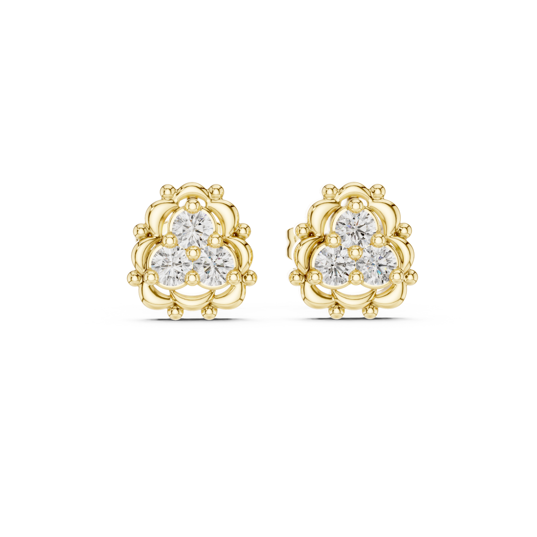 Round Brilliant Diamond Triple Cluster Scalloped Halo Collet Set Stud Earrings