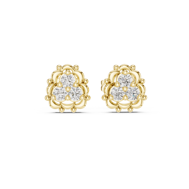 Round Brilliant Diamond Triple Cluster Scalloped Halo Collet Set Stud Earrings