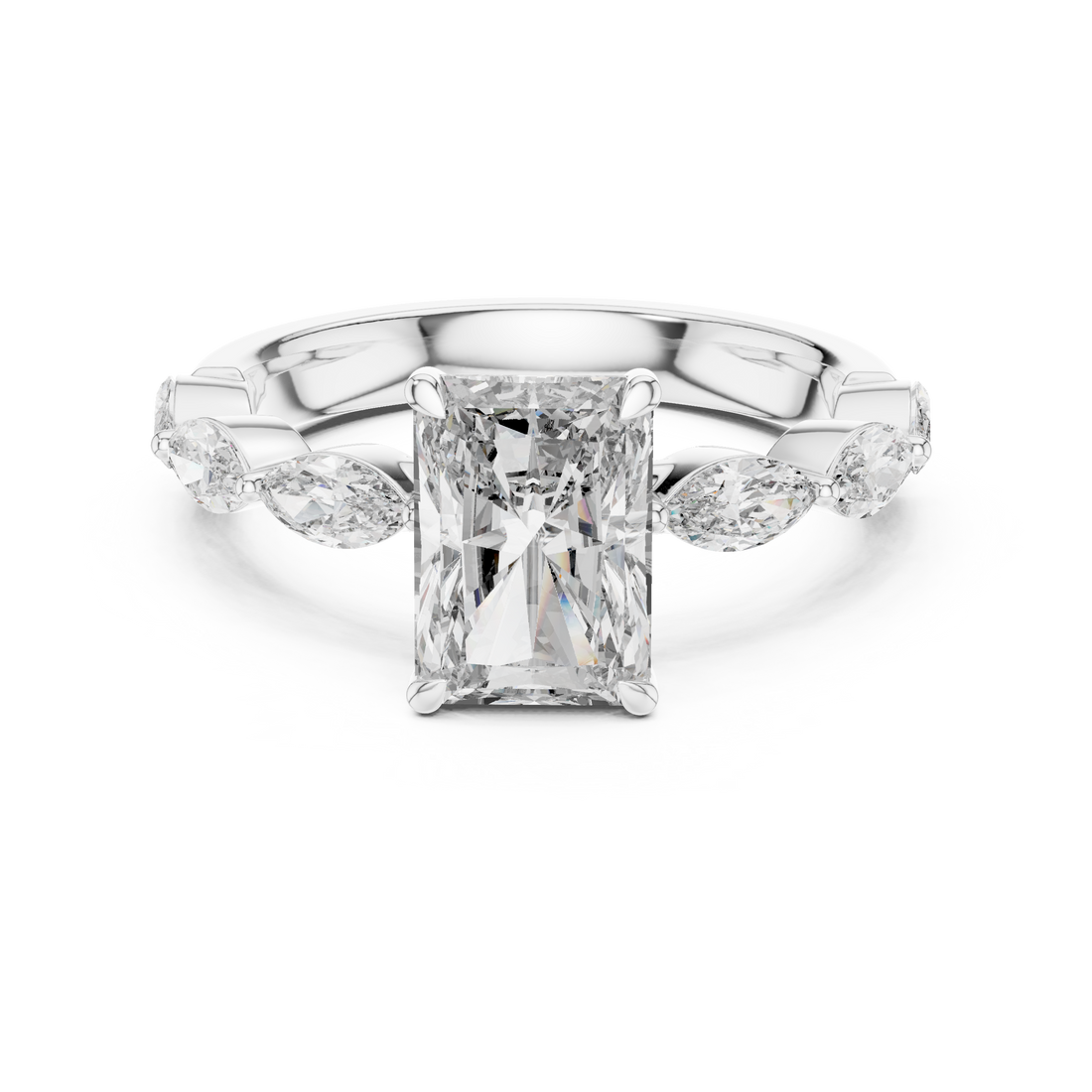Radiant Cut Diamond Three Stone Ring with Marquise Side Diamonds