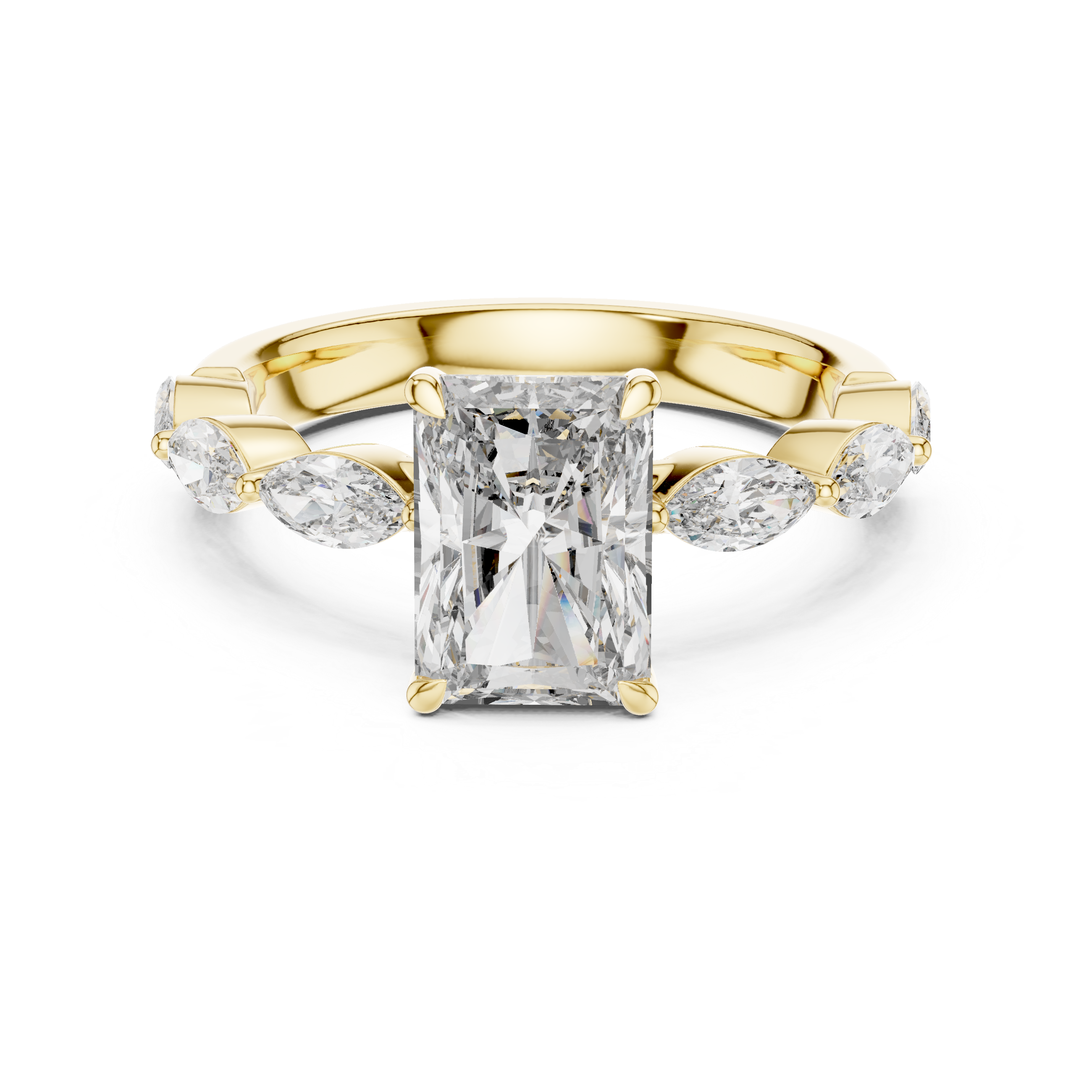 Radiant Cut Diamond Three Stone Ring with Marquise Side Diamonds