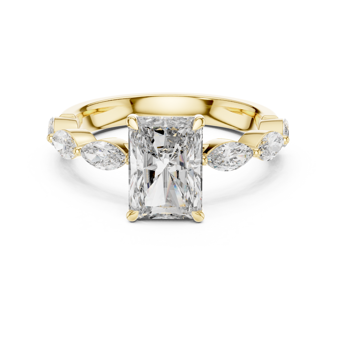Radiant Cut Diamond Three Stone Ring with Marquise Side Diamonds