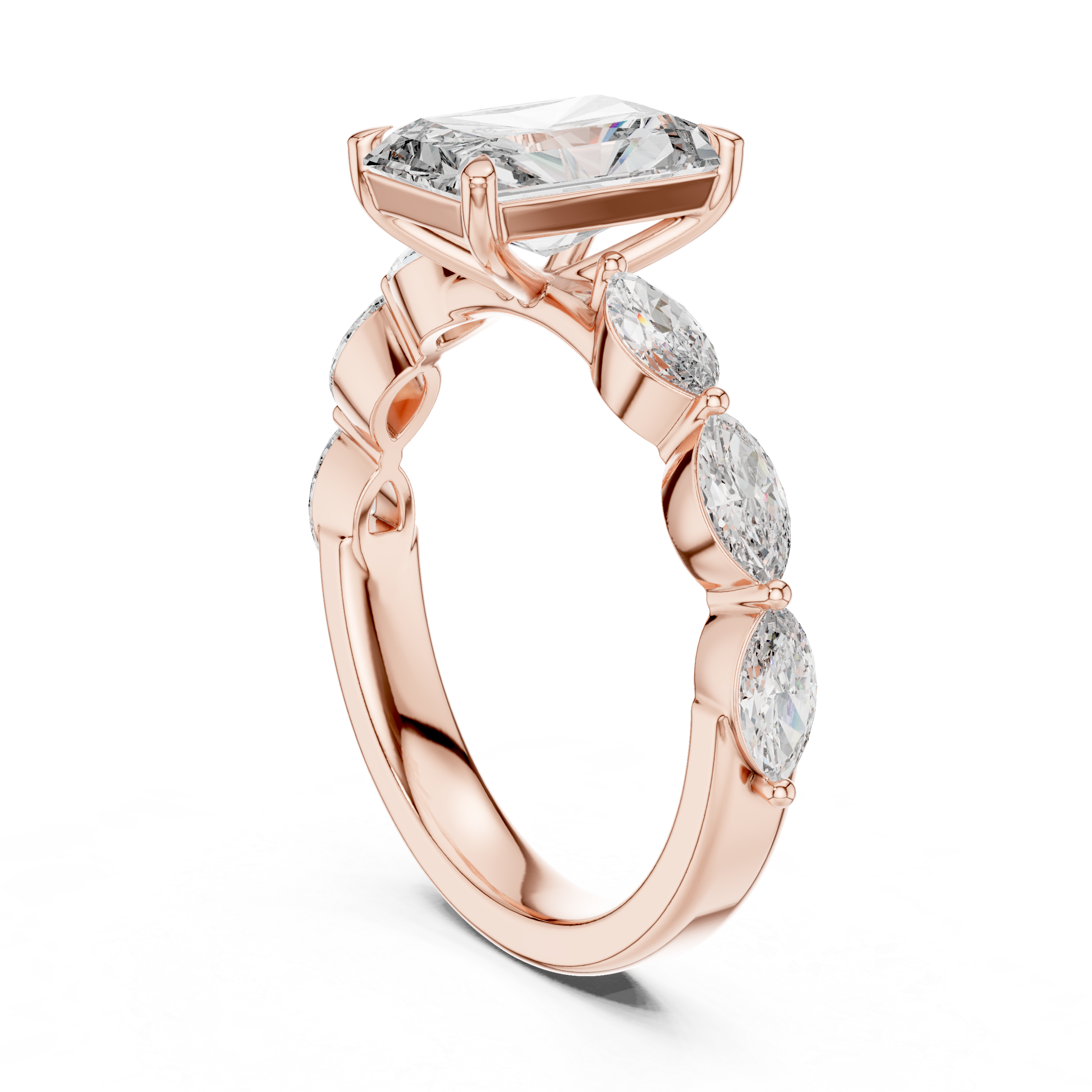 Radiant Cut Diamond Three Stone Ring with Marquise Side Diamonds