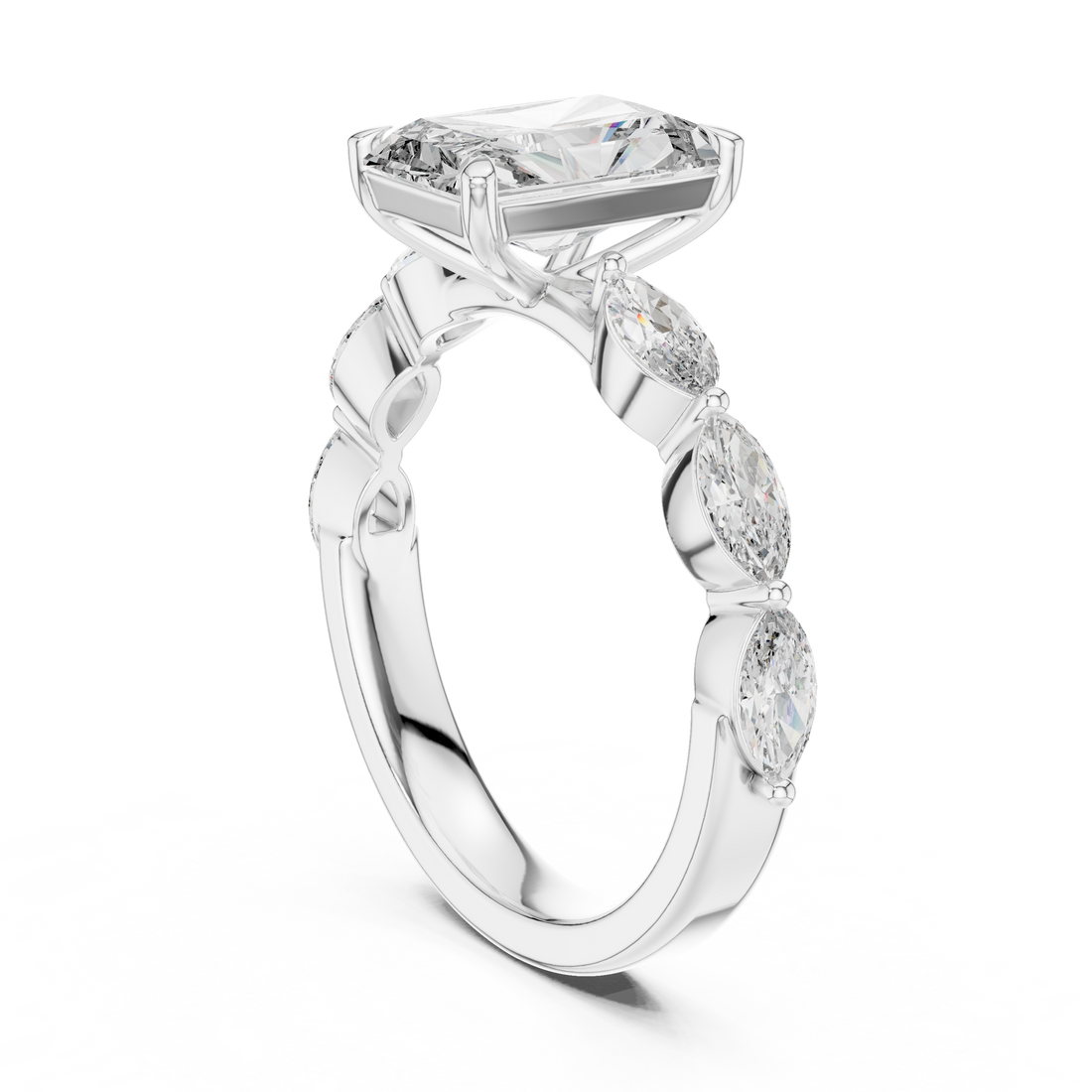 Radiant Cut Diamond Three Stone Ring with Marquise Side Diamonds