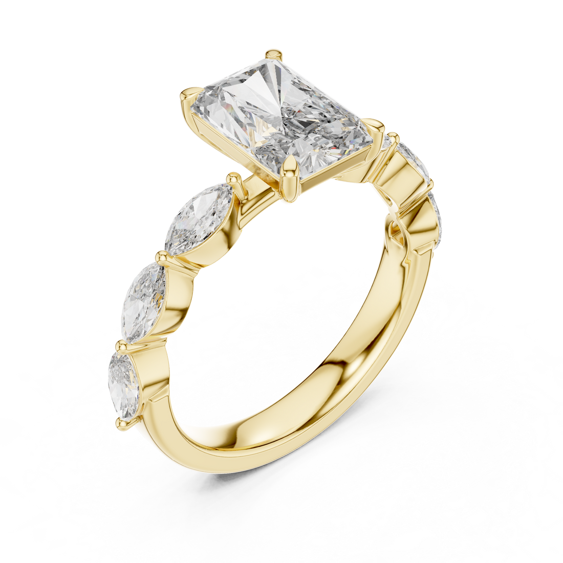 Radiant Cut Diamond Three Stone Ring with Marquise Side Diamonds