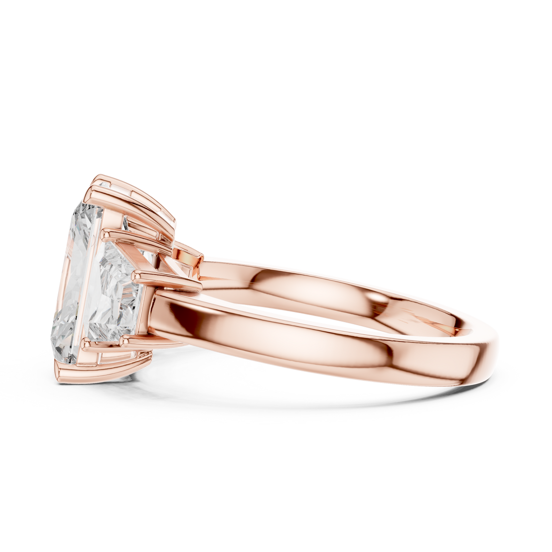 Radiant Cut Diamond Three Stone Ring with Trapezoid Side Diamonds