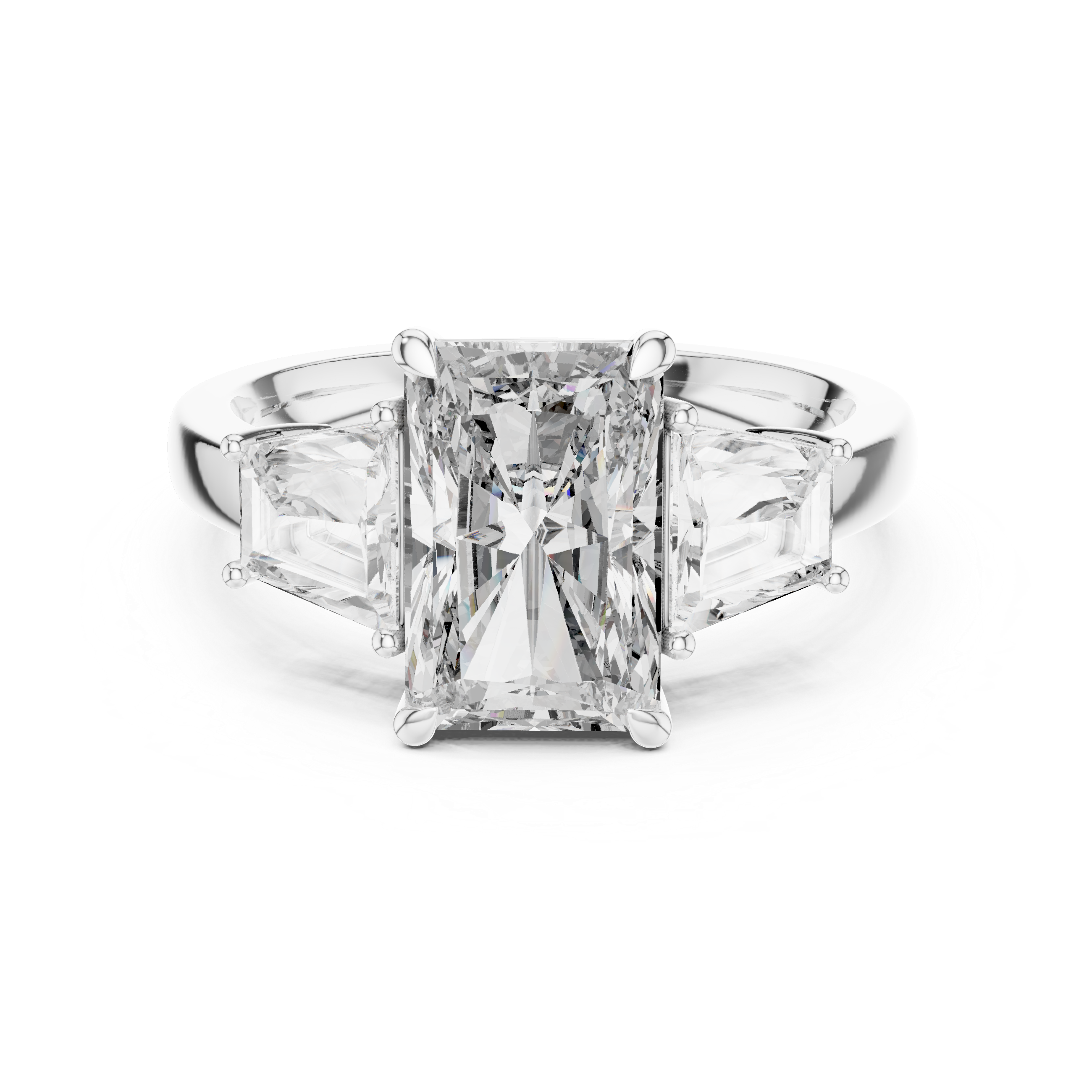 Radiant Cut Diamond Three Stone Ring with Trapezoid Side Diamonds