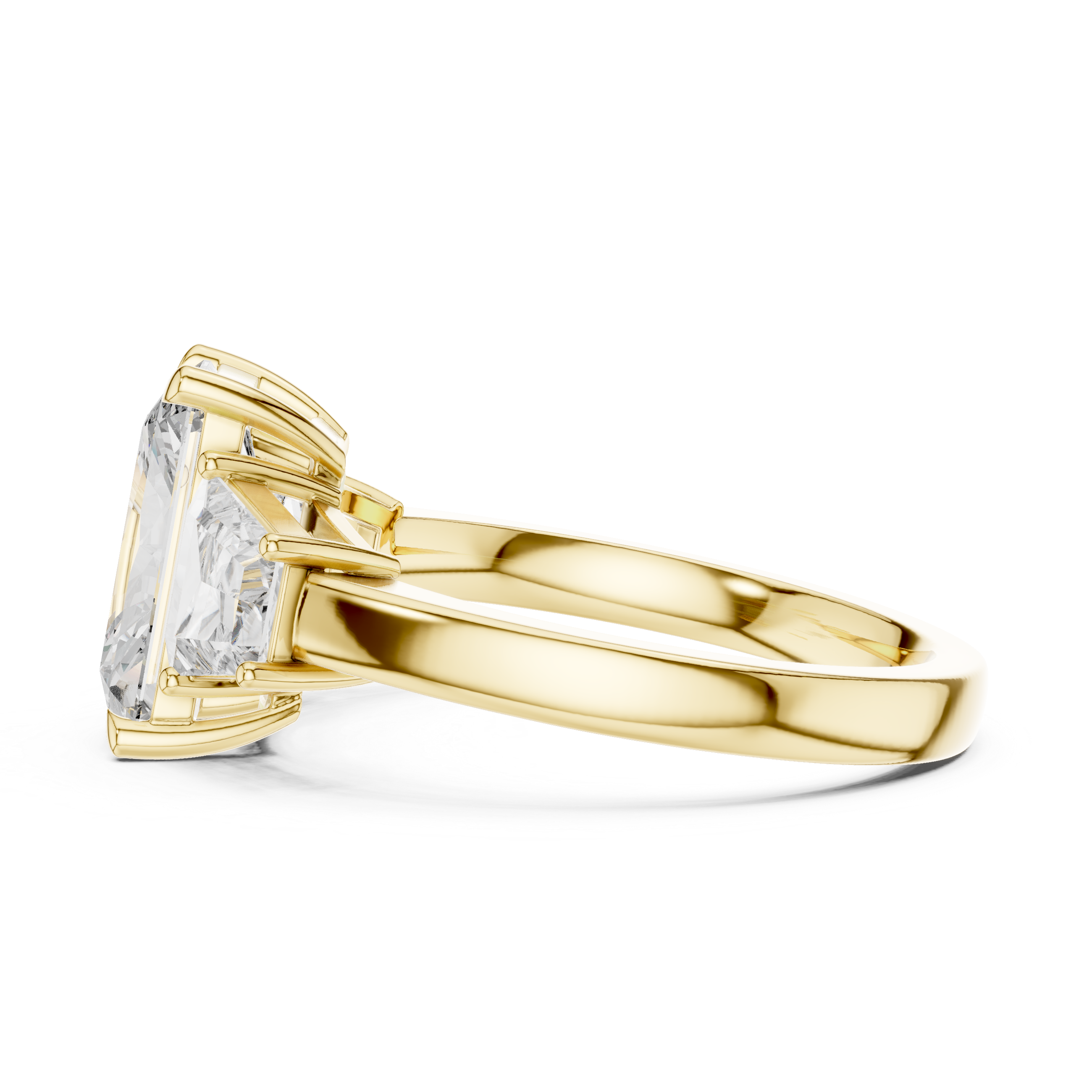 Radiant Cut Diamond Three Stone Ring with Trapezoid Side Diamonds