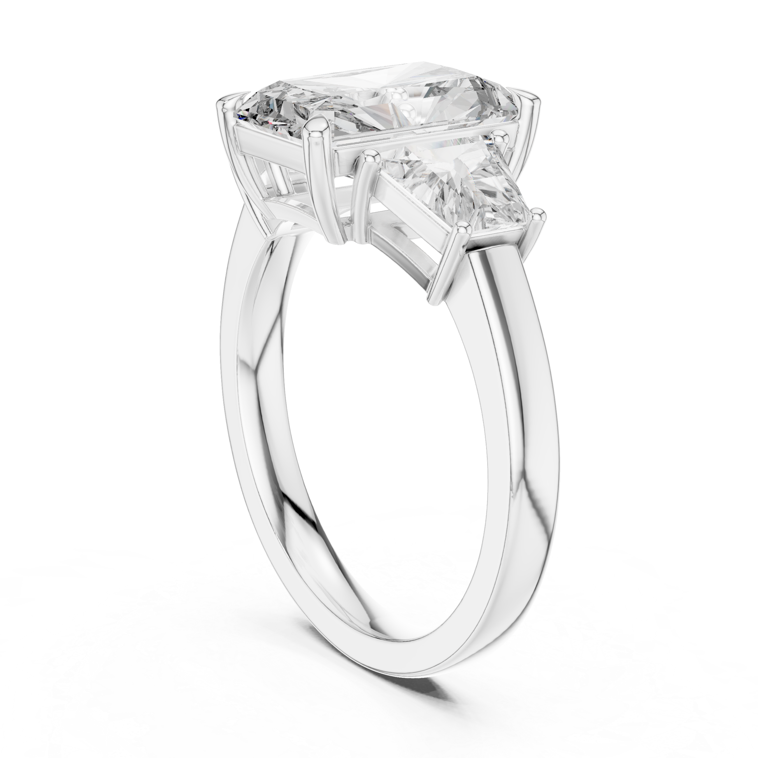 Radiant Cut Diamond Three Stone Ring with Trapezoid Side Diamonds