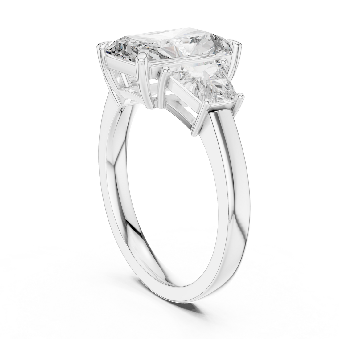 Radiant Cut Diamond Three Stone Ring with Trapezoid Side Diamonds