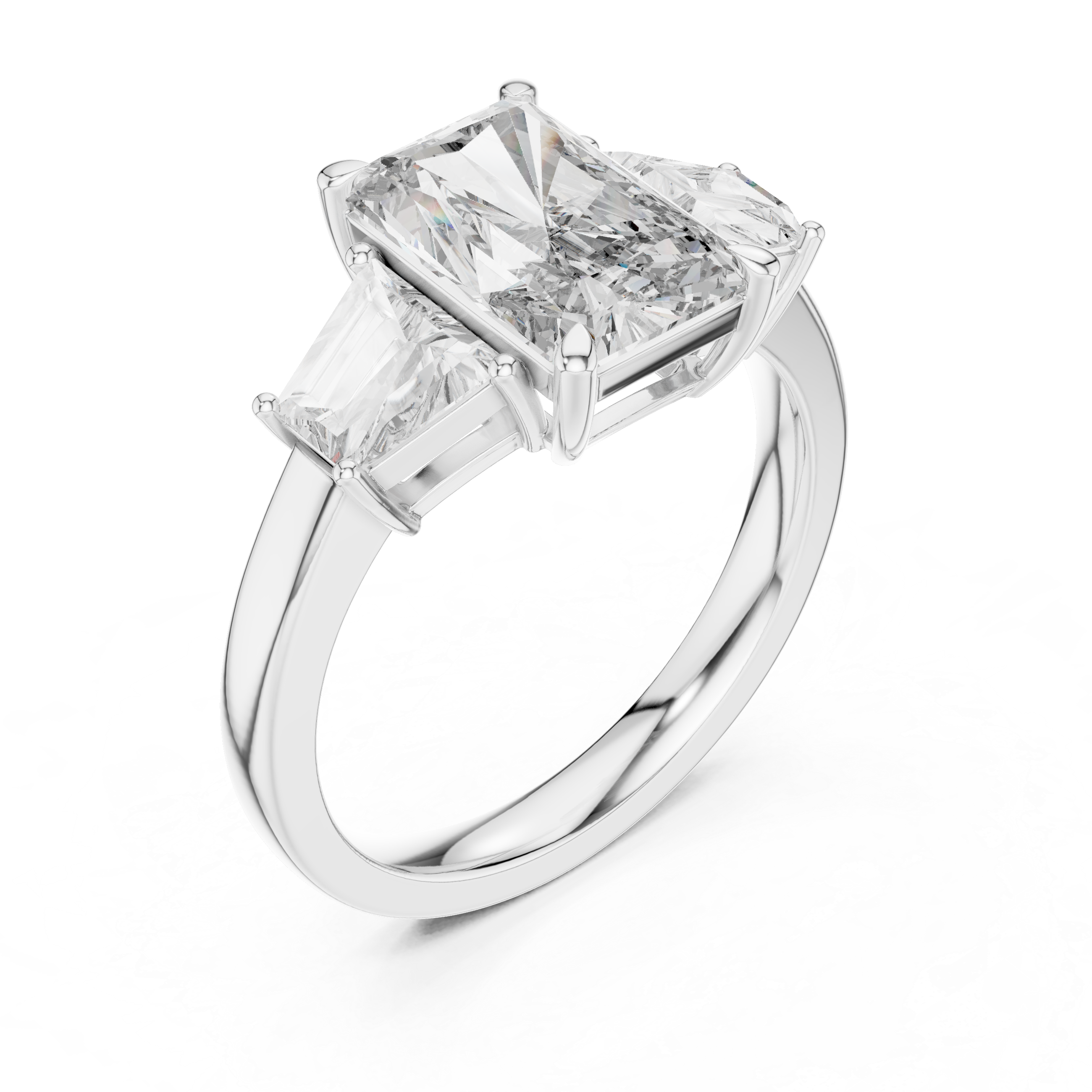 Radiant Cut Diamond Three Stone Ring with Trapezoid Side Diamonds