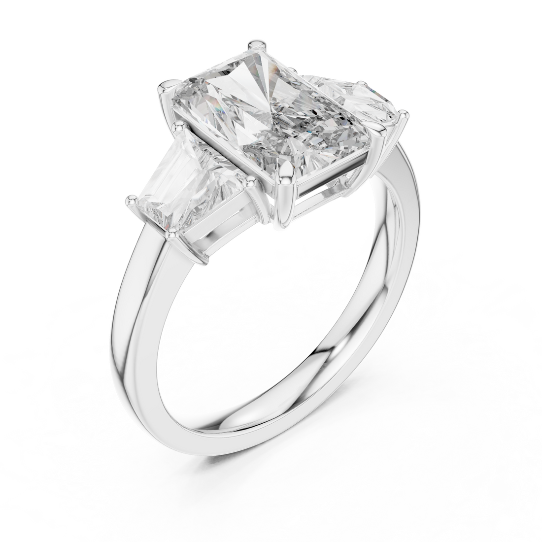 Radiant Cut Diamond Three Stone Ring with Trapezoid Side Diamonds