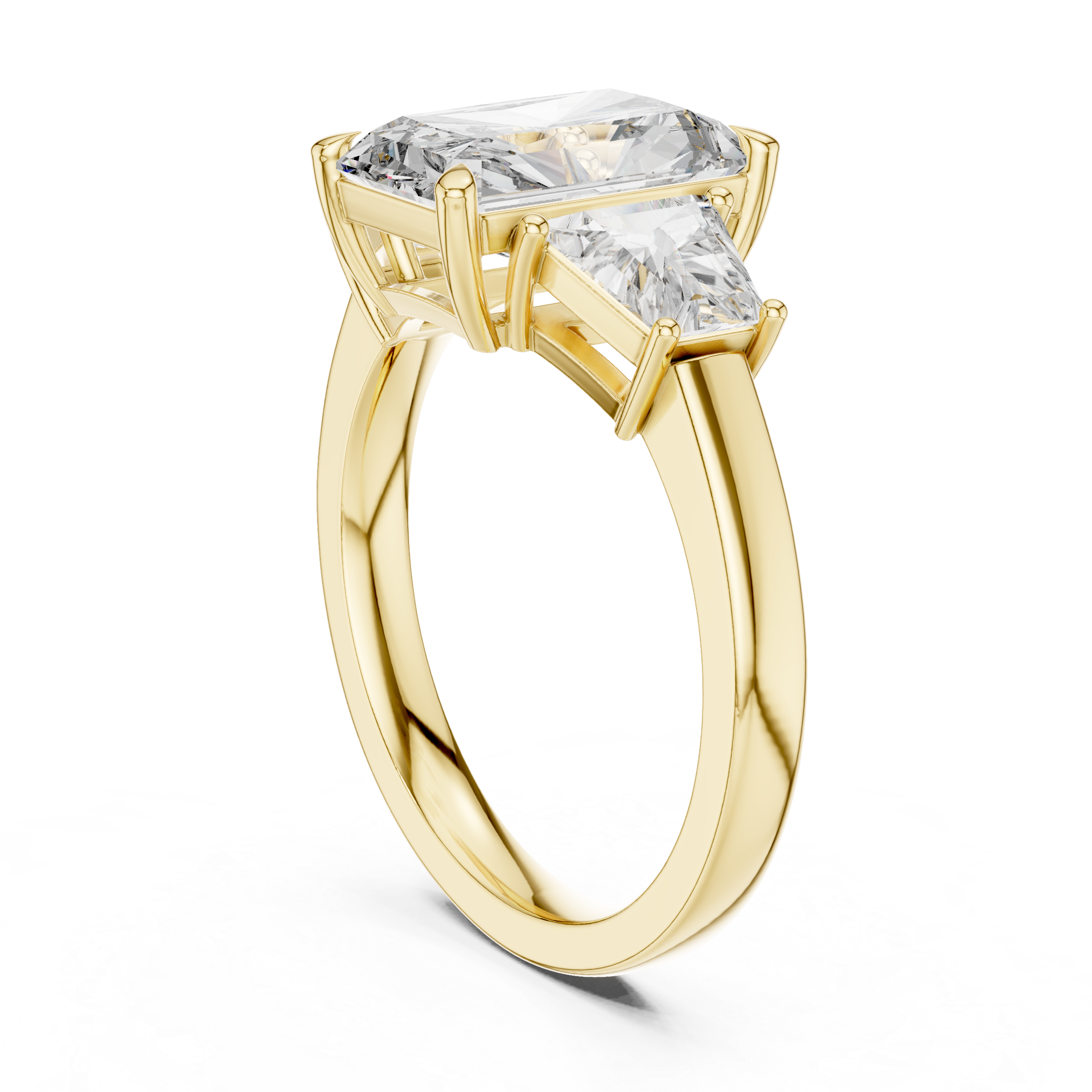 Radiant Cut Diamond Three Stone Ring with Trapezoid Side Diamonds