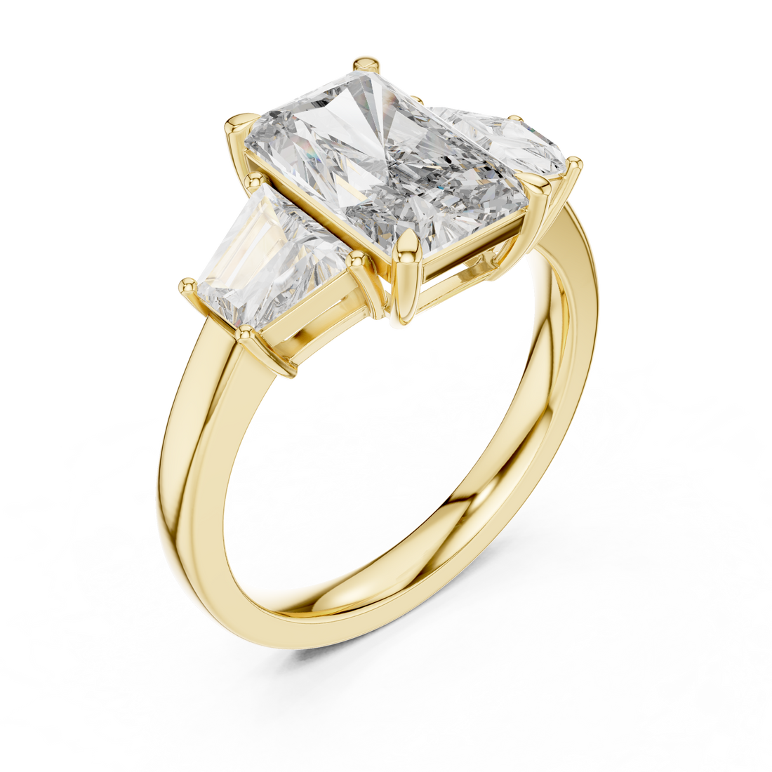 Radiant Cut Diamond Three Stone Ring with Trapezoid Side Diamonds