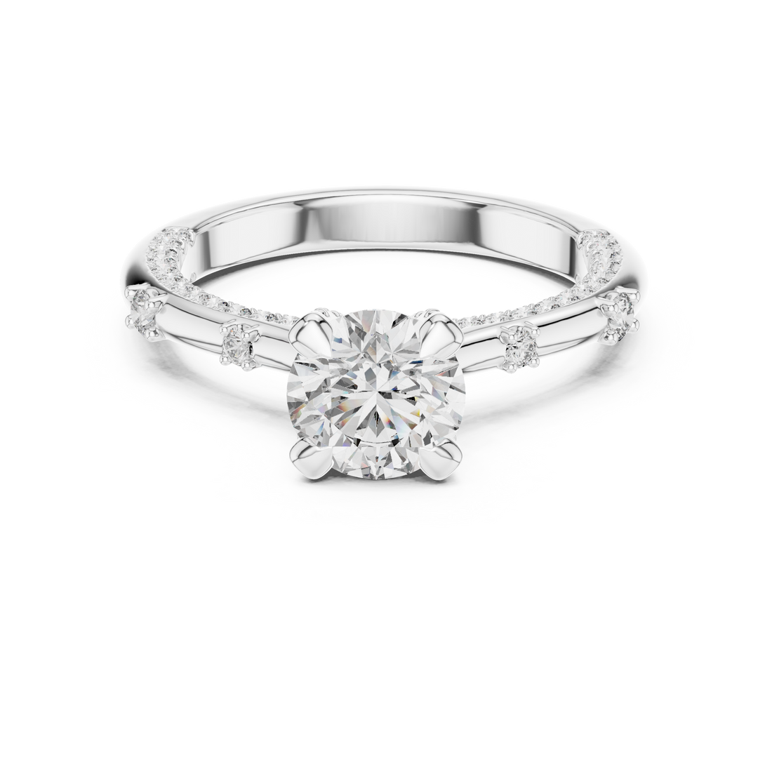 Round Cut Diamond Solitaire Ring with Pavé Band