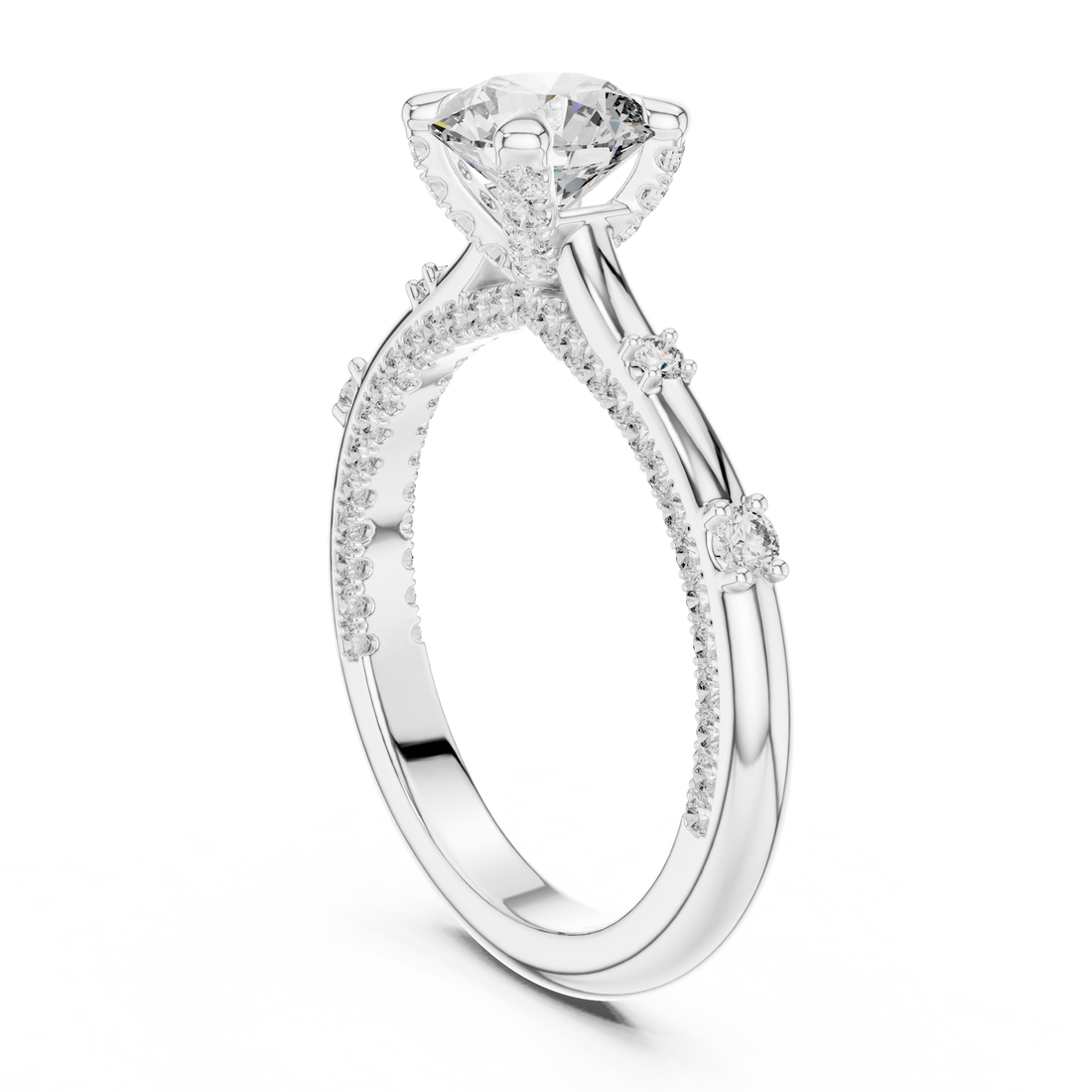 Round Cut Diamond Solitaire Ring with Pavé Band
