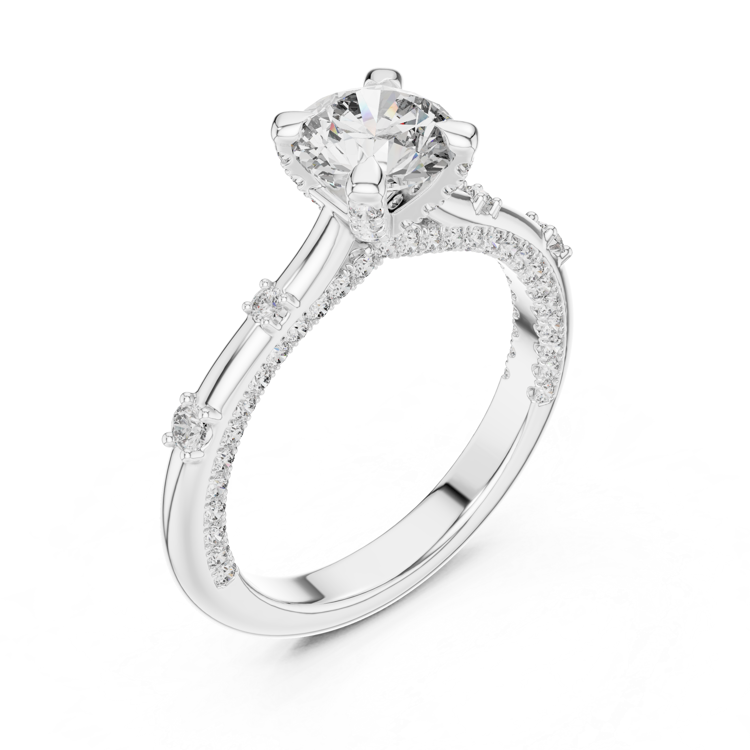 Round Cut Diamond Solitaire Ring with Pavé Band