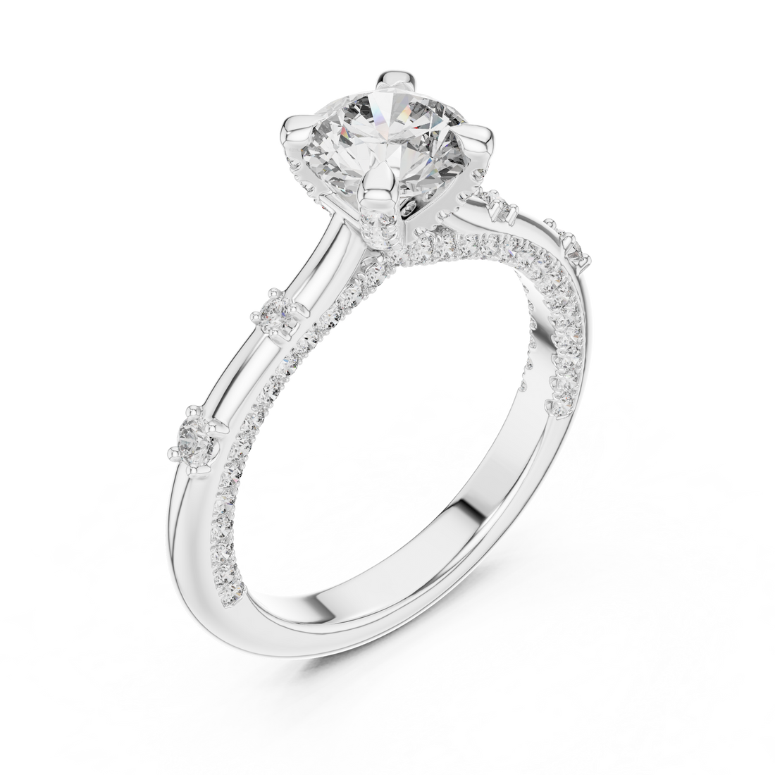 Round Cut Diamond Solitaire Ring with Pavé Band