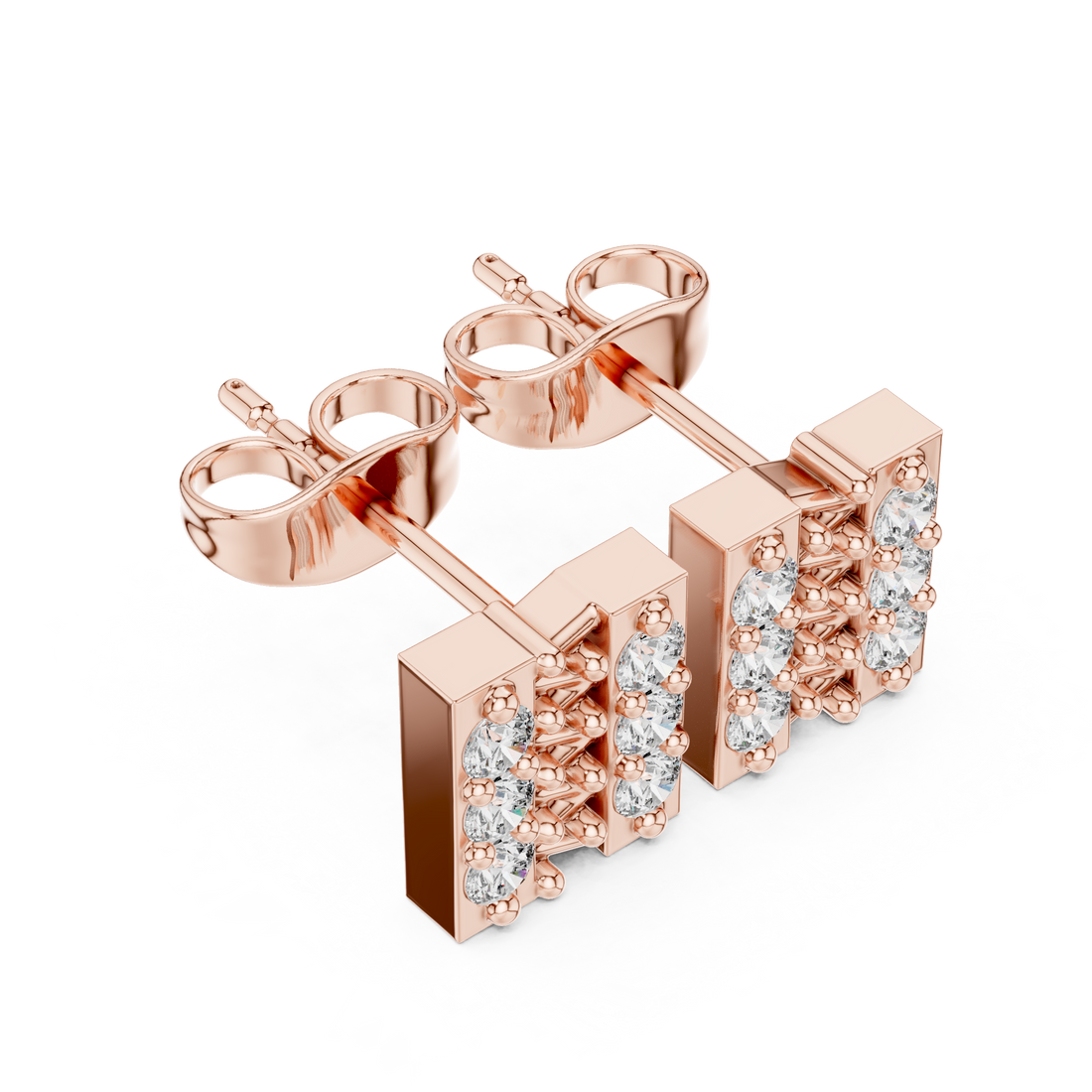 Round Brilliant Diamond Double Row Bar Cluster Stud Earrings