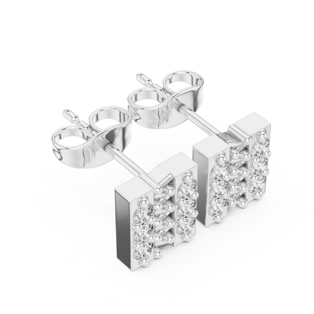 Round Brilliant Diamond Double Row Bar Cluster Stud Earrings