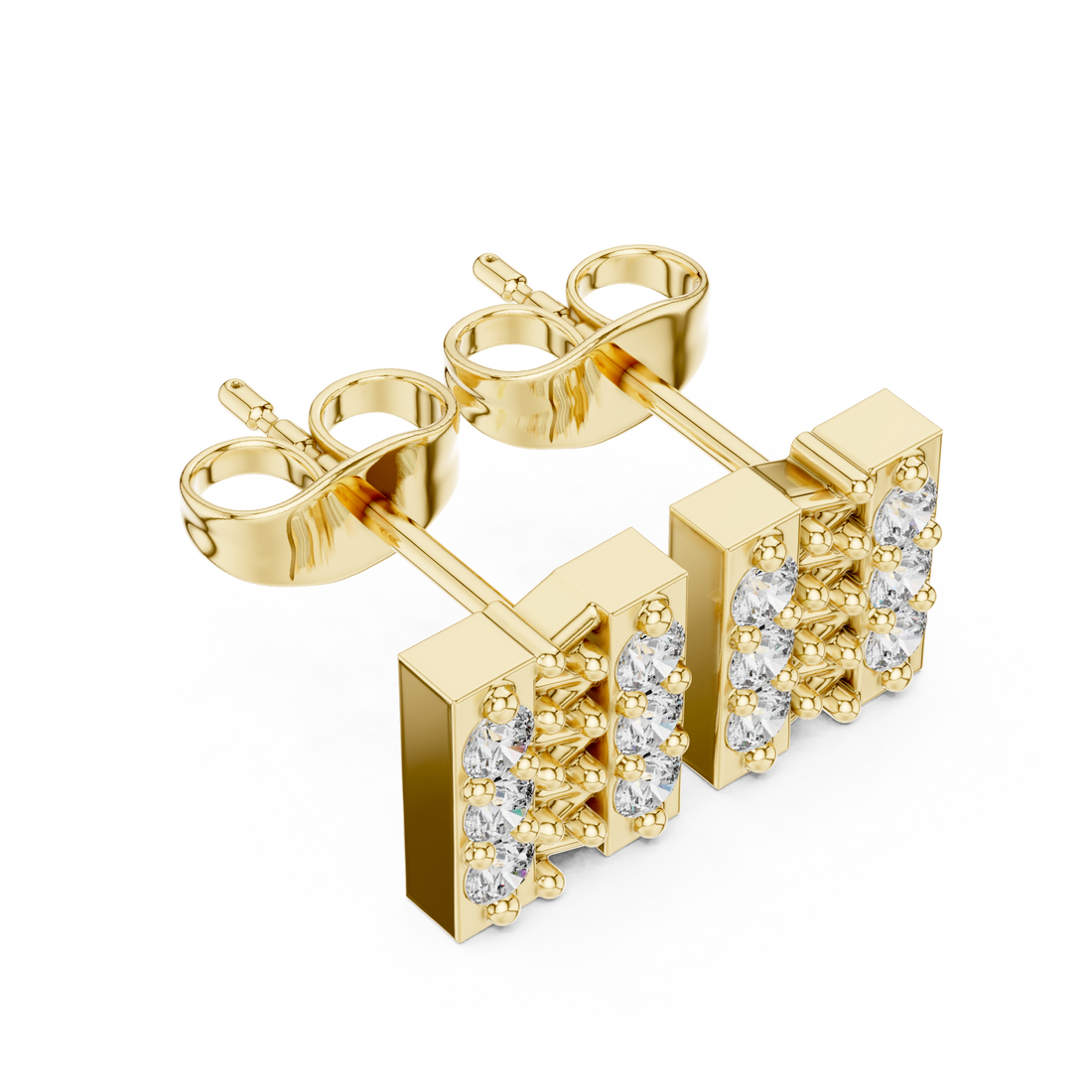 Round Brilliant Diamond Double Row Bar Cluster Stud Earrings