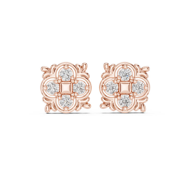 Round Brilliant Diamond Vintage Filigree Floral Cluster Stud Earrings