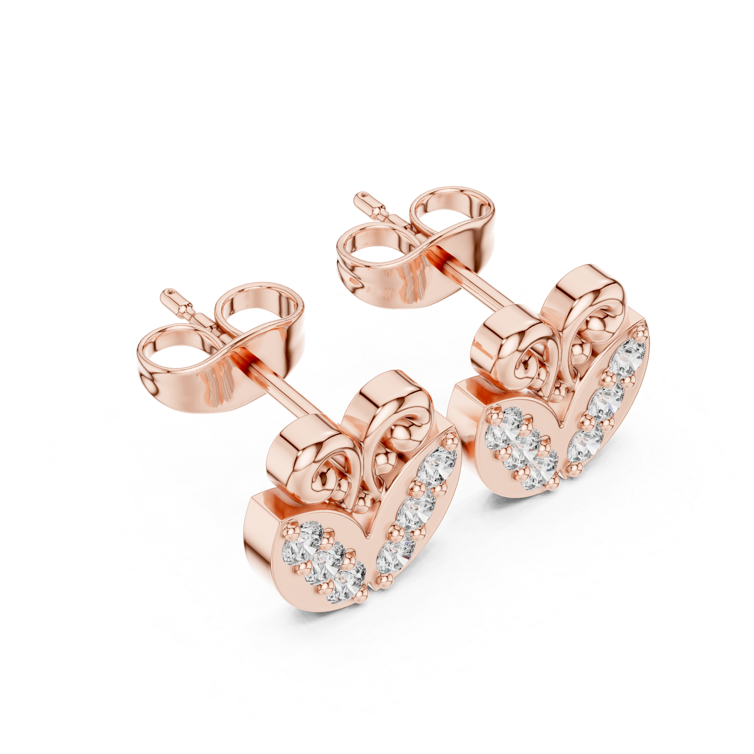 Round Diamond Heart Scroll Motif Stud Earrings with Prong Set Cluster