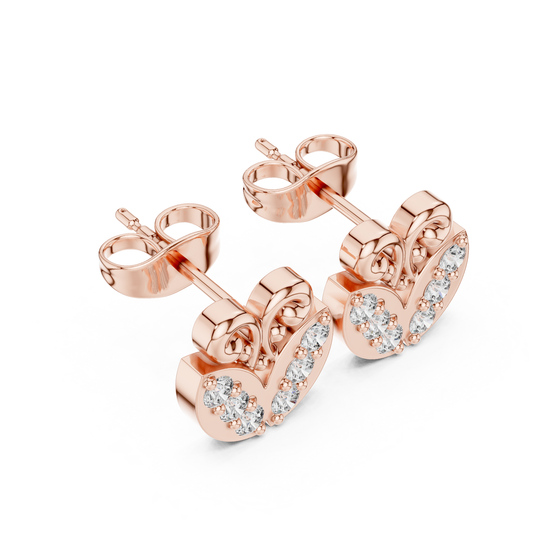 Round Diamond Heart Scroll Motif Stud Earrings with Prong Set Cluster