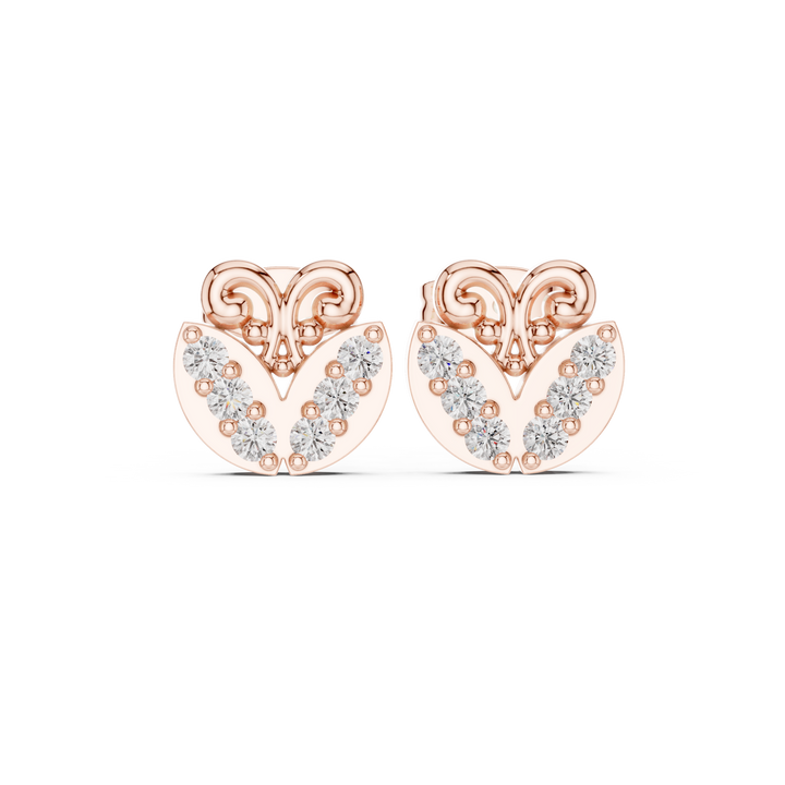 Round Diamond Heart Scroll Motif Stud Earrings with Prong Set Cluster