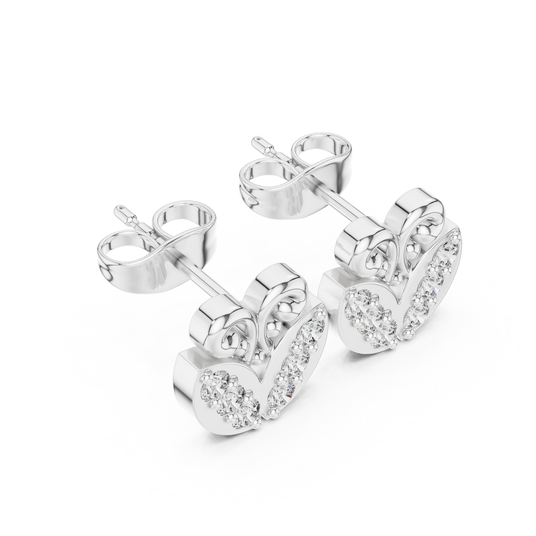 Round Diamond Heart Scroll Motif Stud Earrings with Prong Set Cluster