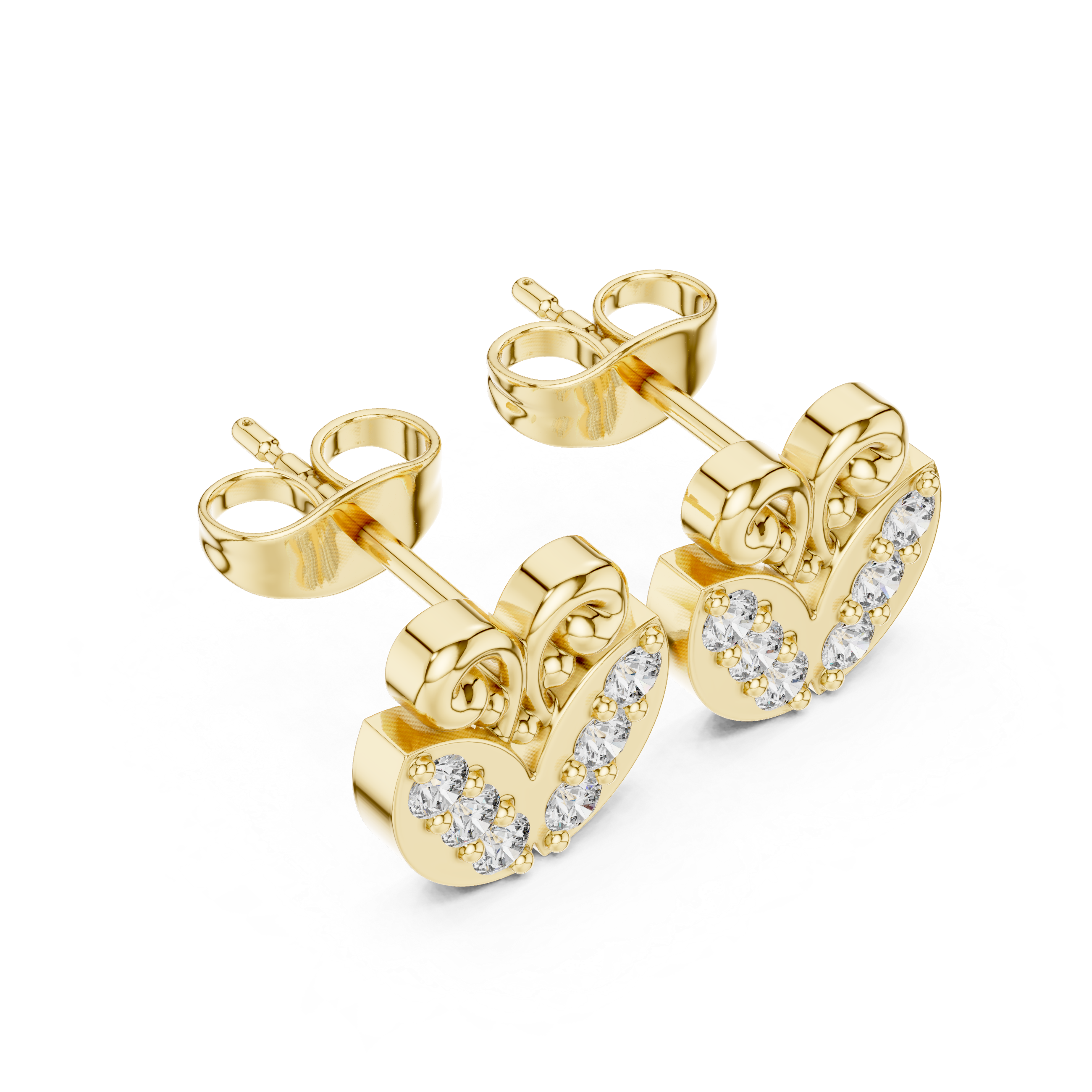 Round Diamond Heart Scroll Motif Stud Earrings with Prong Set Cluster