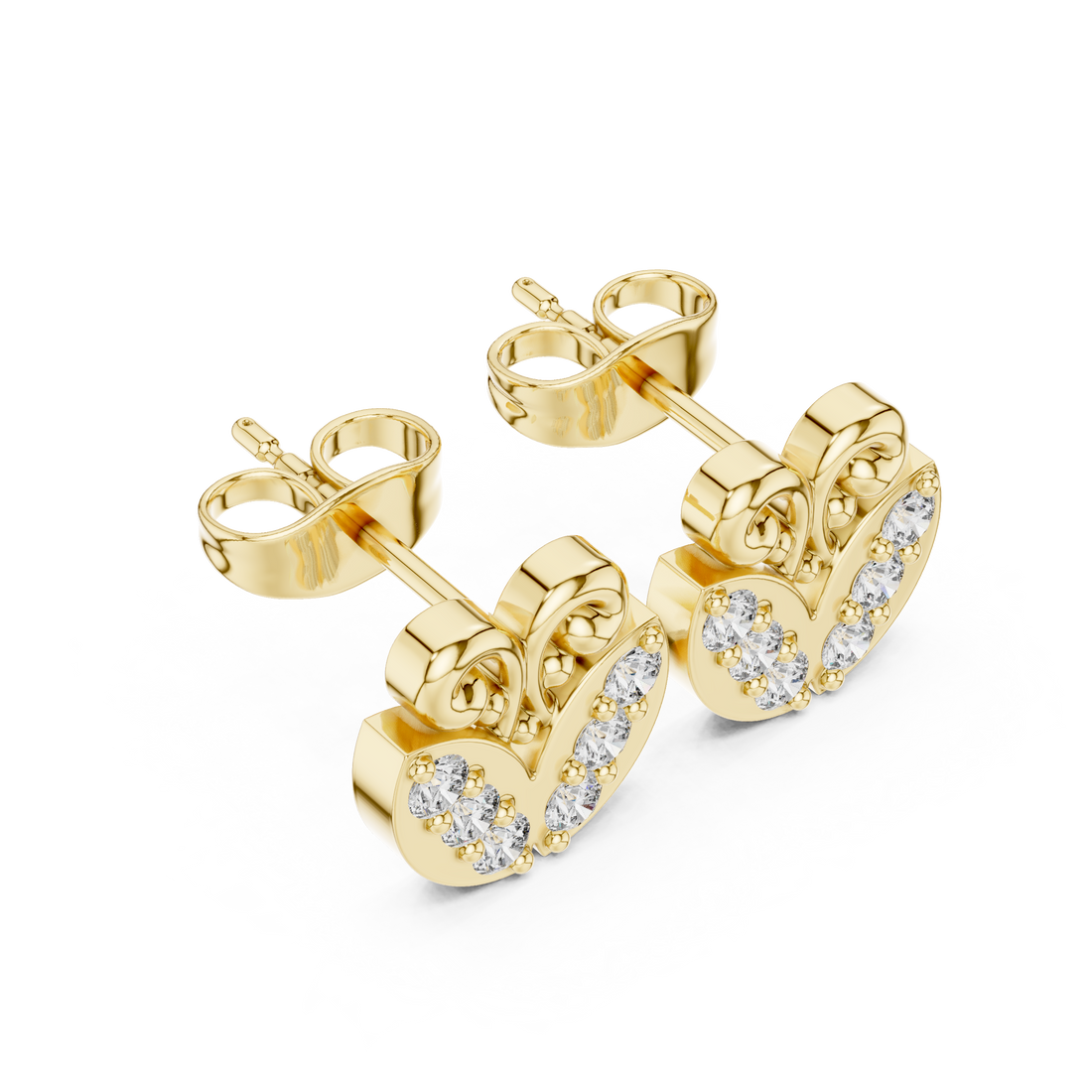 Round Diamond Heart Scroll Motif Stud Earrings with Prong Set Cluster