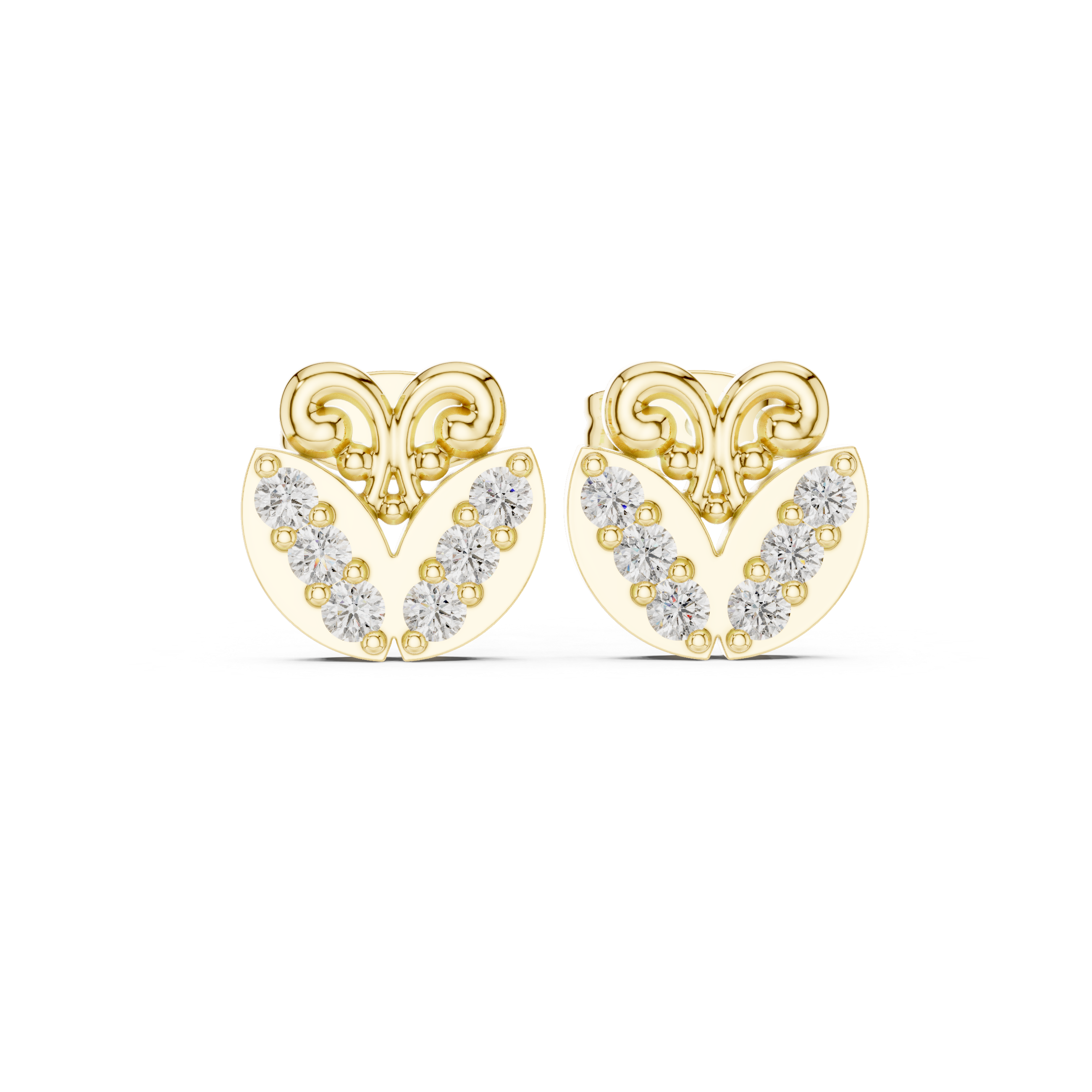 Round Diamond Heart Scroll Motif Stud Earrings with Prong Set Cluster