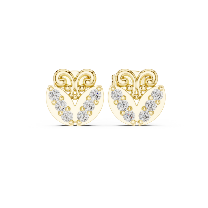 Round Diamond Heart Scroll Motif Stud Earrings with Prong Set Cluster