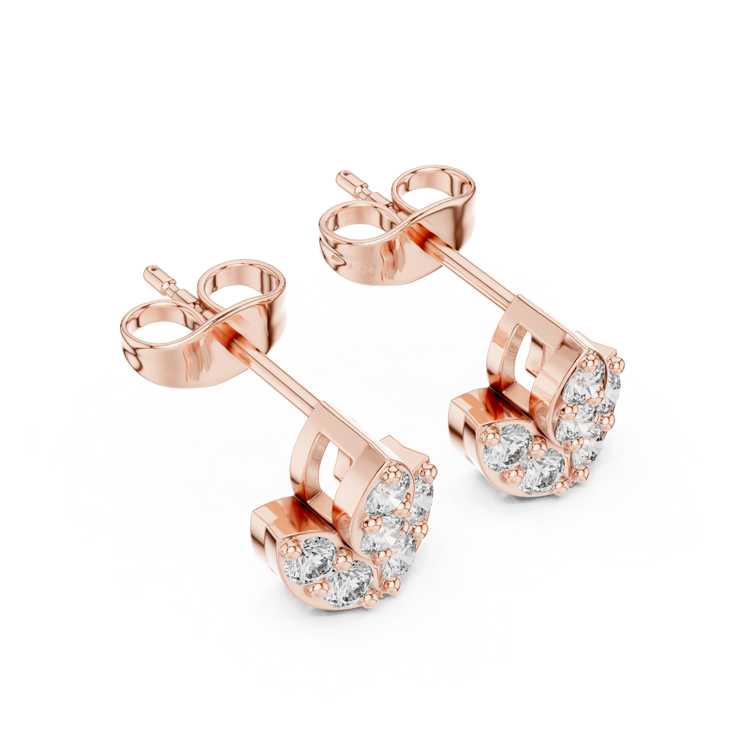 Round Diamond Marquise Fan Cluster Stud Earrings with Sculpted Floral Silhouette
