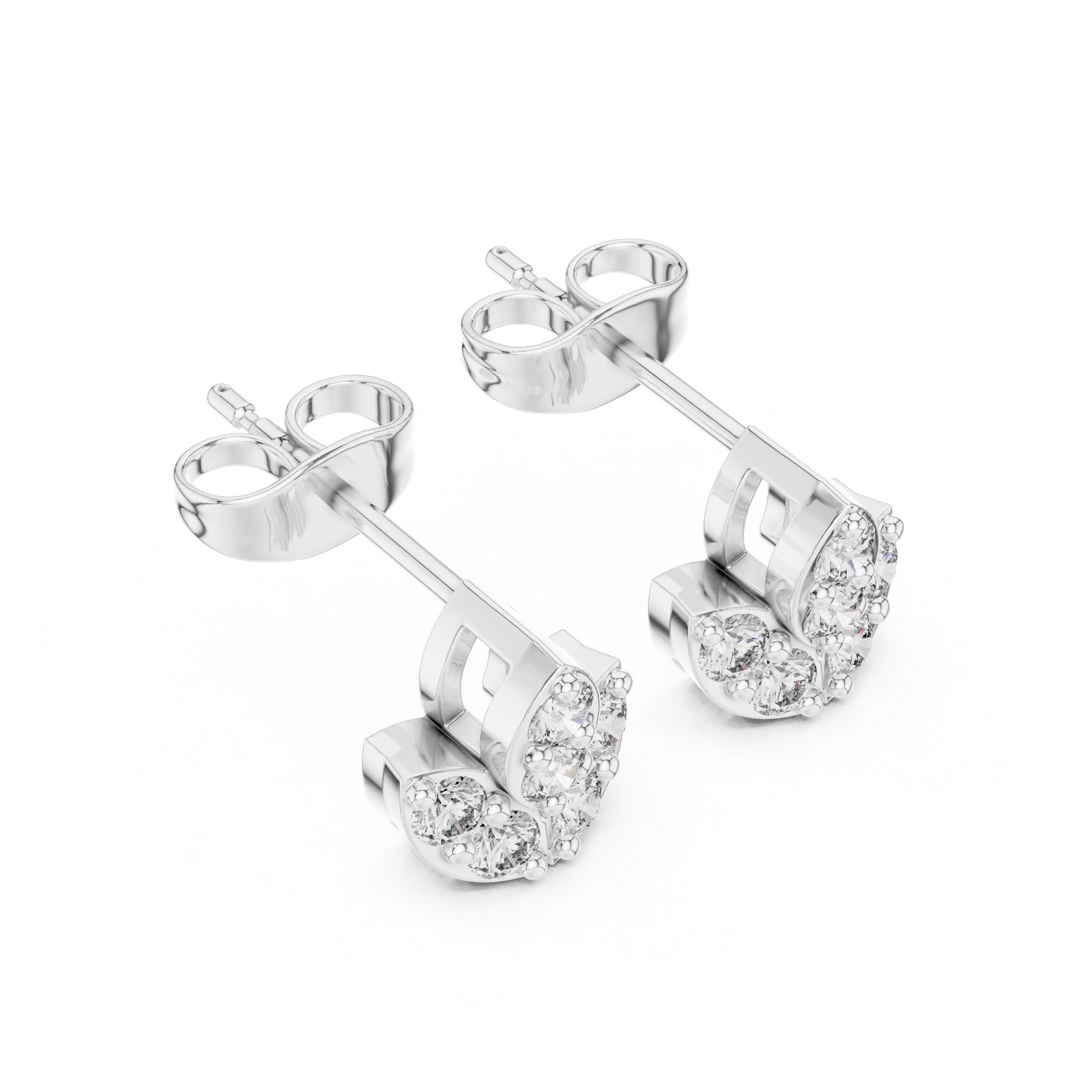 Round Diamond Marquise Fan Cluster Stud Earrings with Sculpted Floral Silhouette