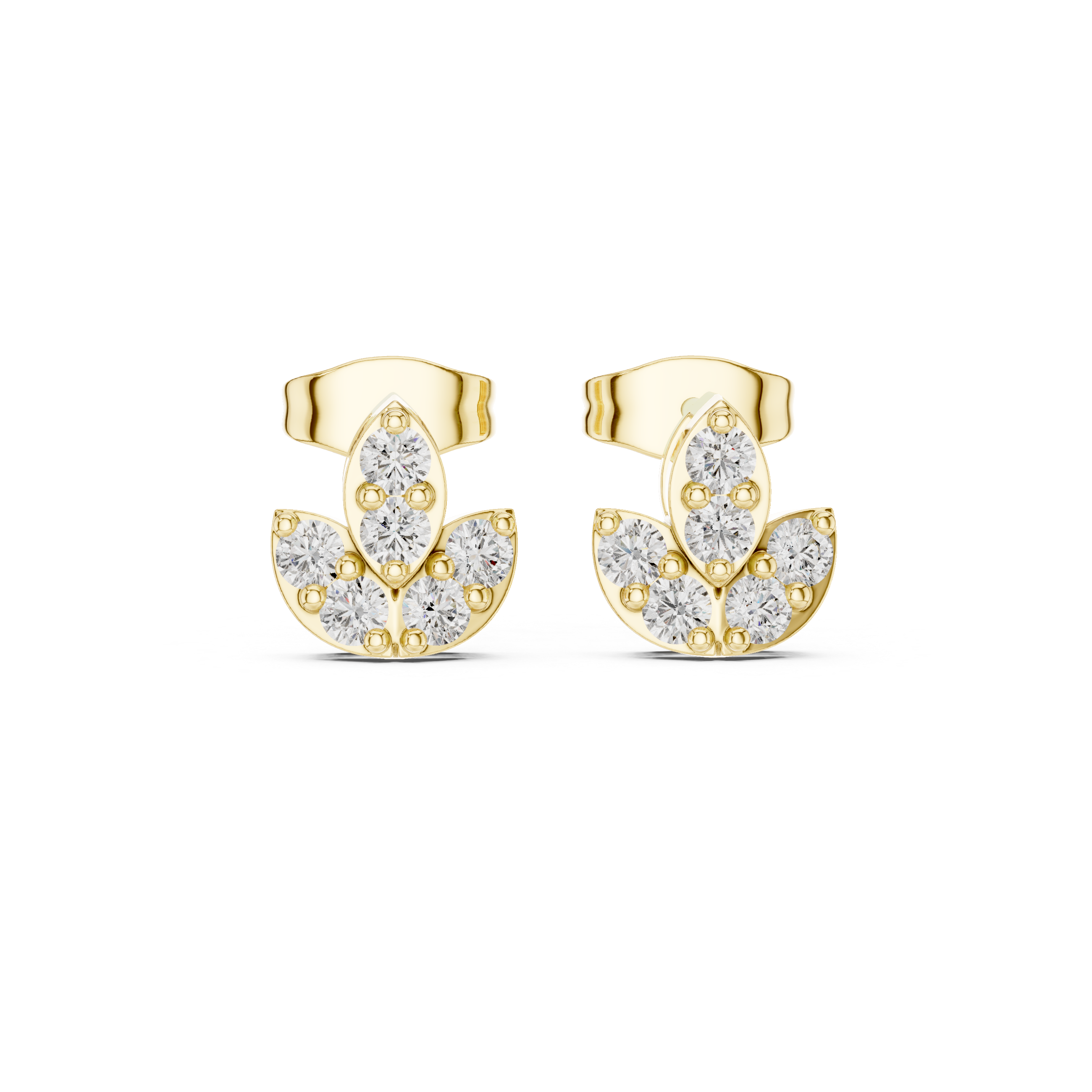 Round Diamond Marquise Fan Cluster Stud Earrings with Sculpted Floral Silhouette