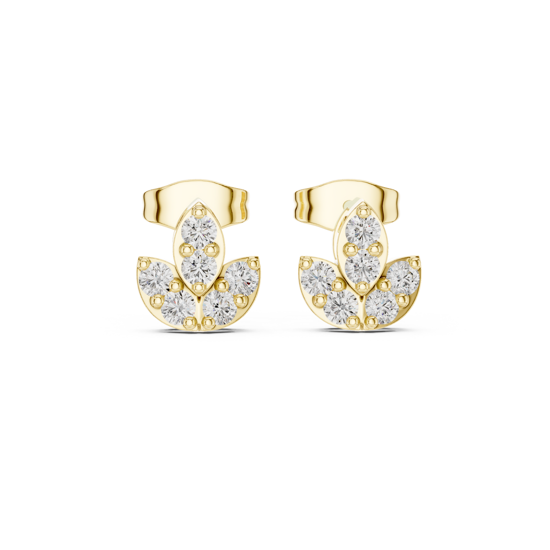 Round Diamond Marquise Fan Cluster Stud Earrings with Sculpted Floral Silhouette