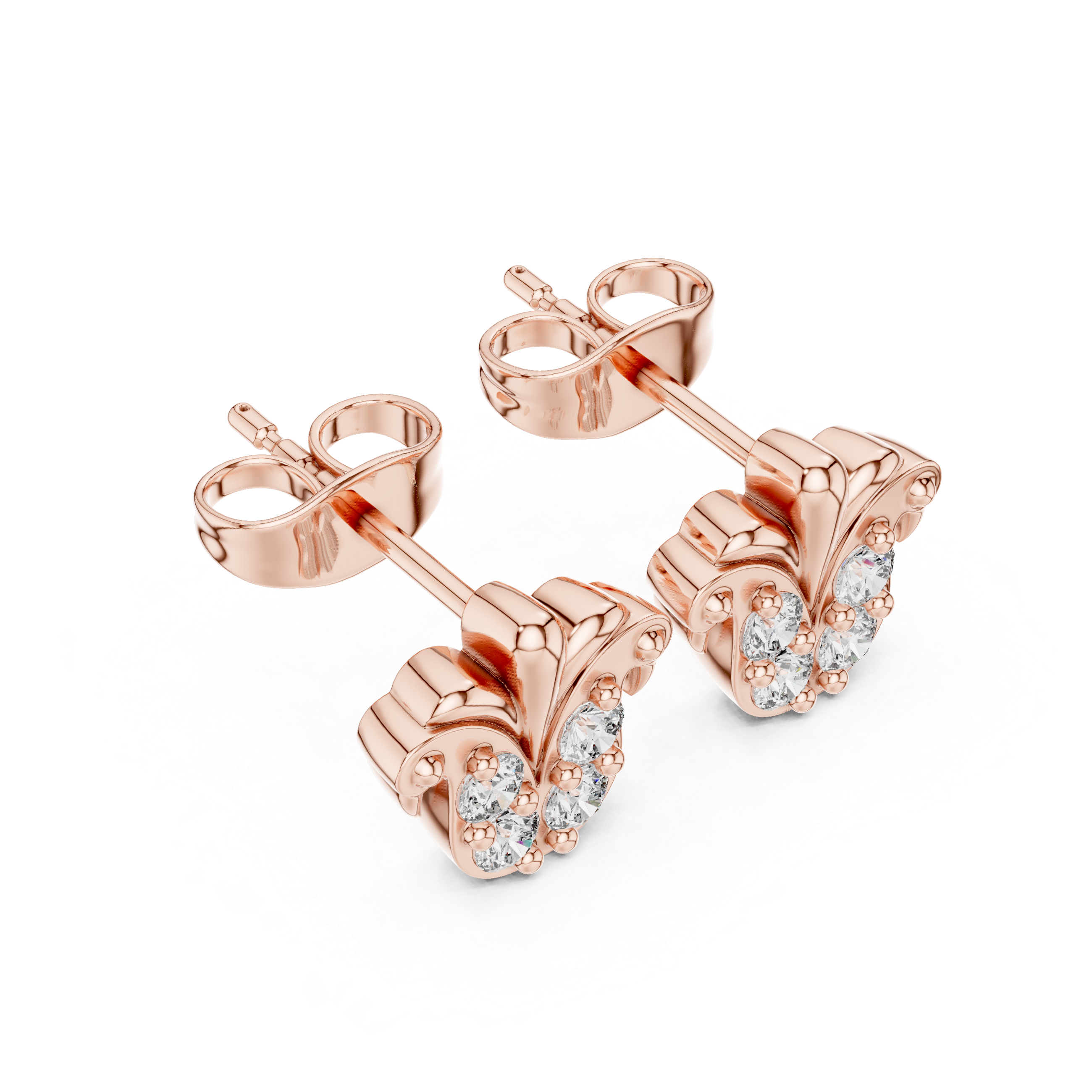 Round Diamond Fleur de Lis Cluster Stud Earrings Vintage Motif