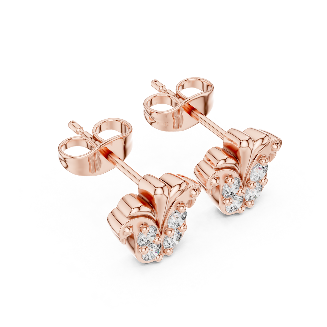 Round Diamond Fleur de Lis Cluster Stud Earrings Vintage Motif