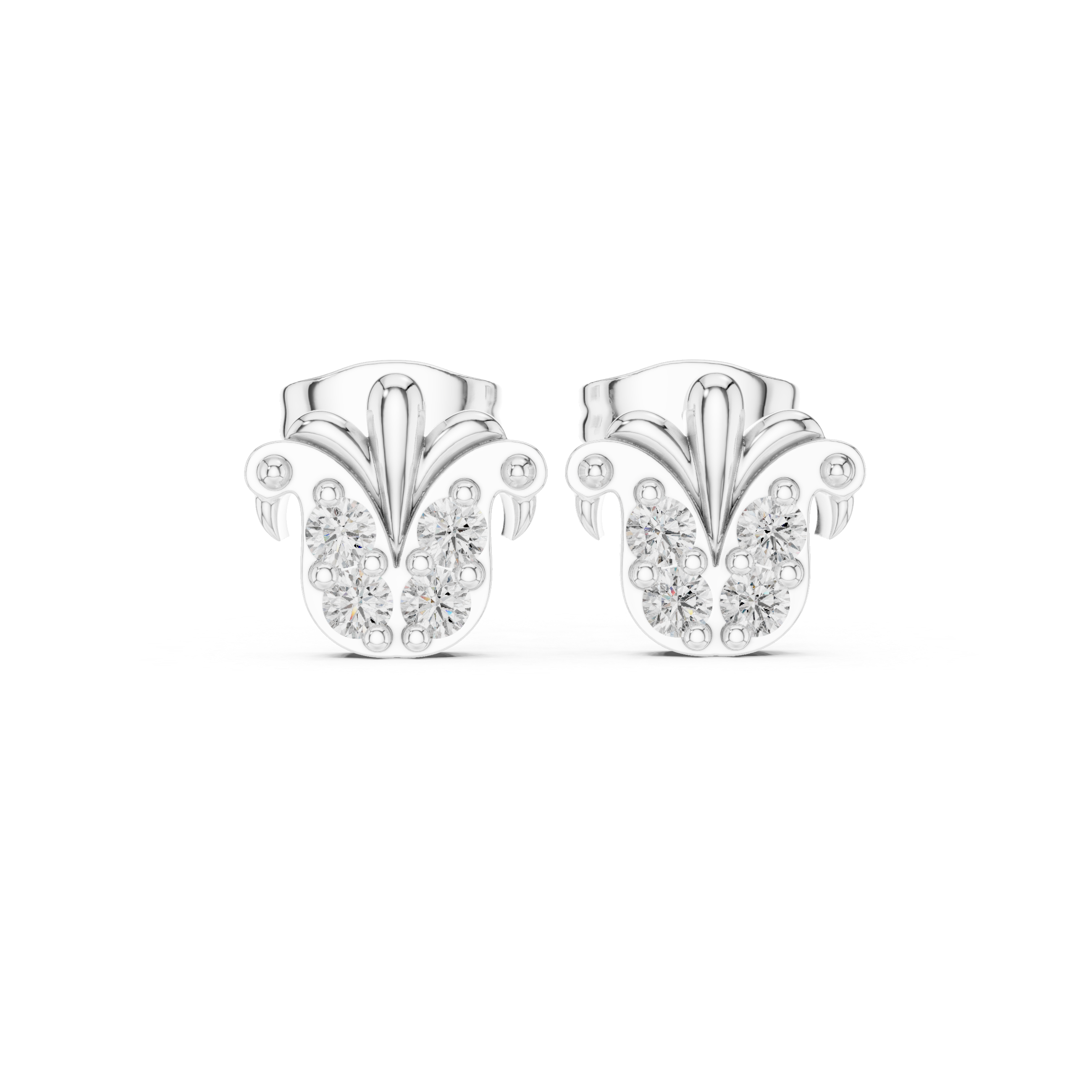 Round Diamond Fleur de Lis Cluster Stud Earrings Vintage Motif