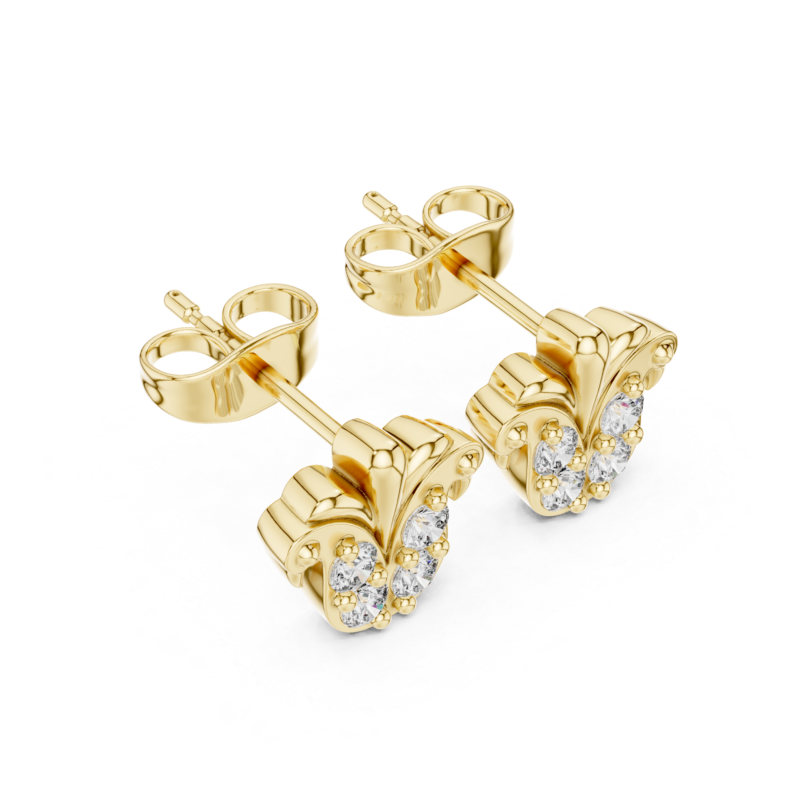 Round Diamond Fleur de Lis Cluster Stud Earrings Vintage Motif