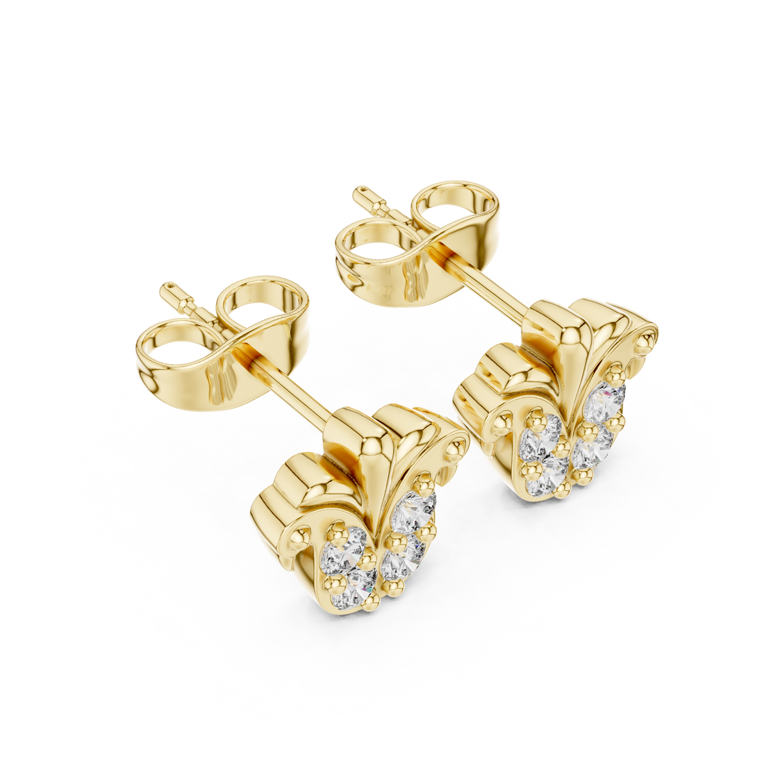 Round Diamond Fleur de Lis Cluster Stud Earrings Vintage Motif