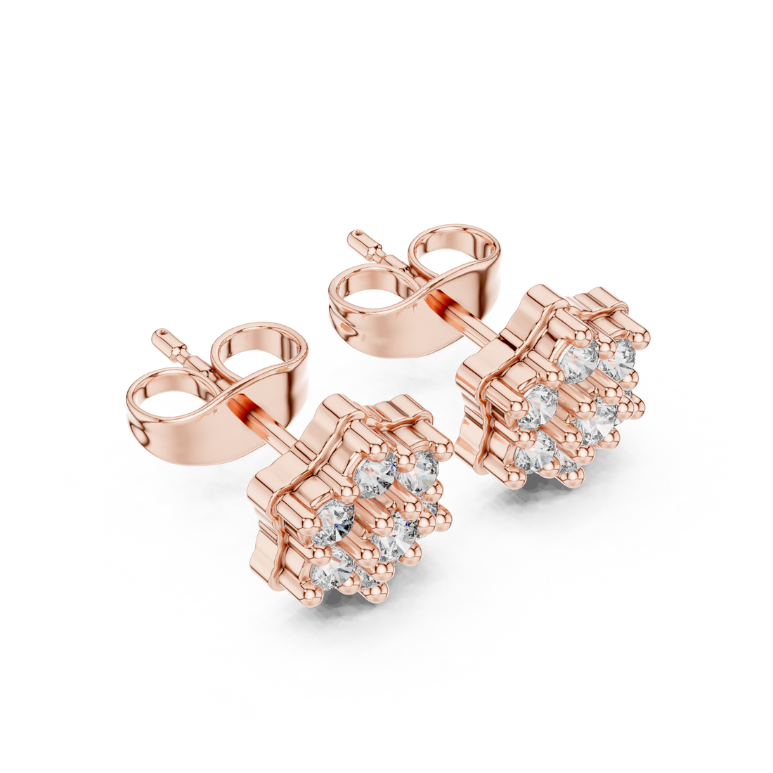 Round Diamond Floral Star Cluster Stud Earrings with Collet Setting