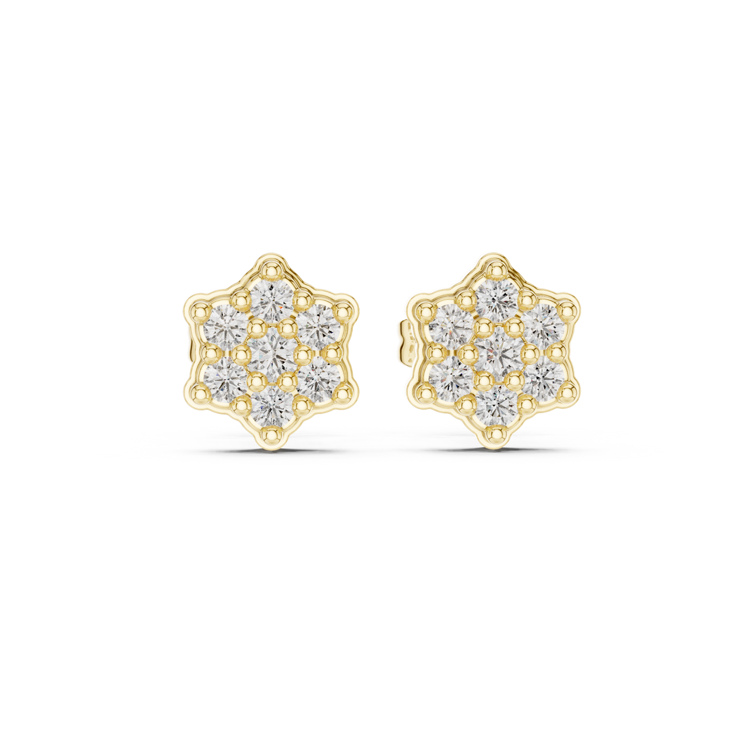 Round Diamond Floral Star Cluster Stud Earrings with Collet Setting