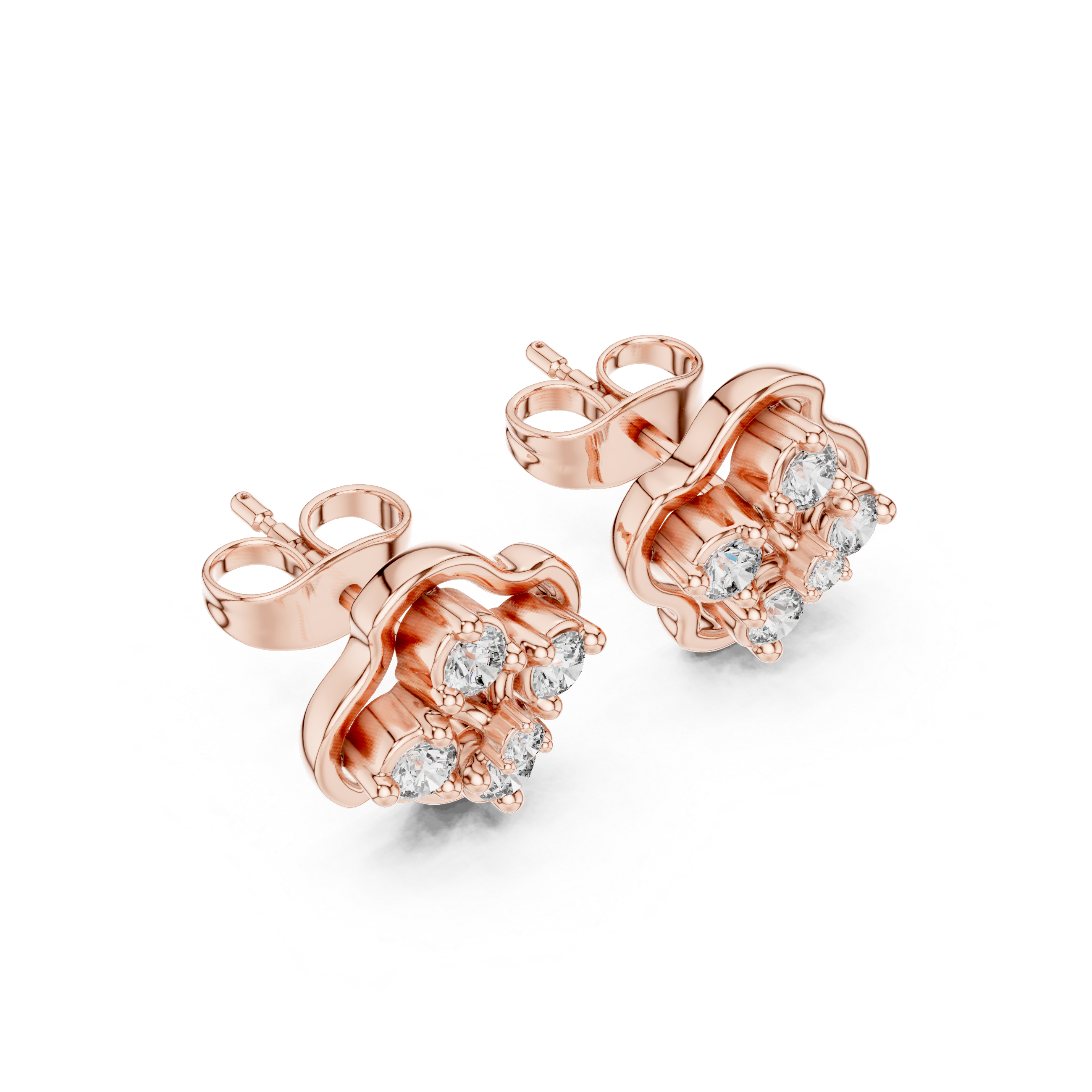 Round Diamond Floral Cluster Stud Earrings with Scalloped Halo